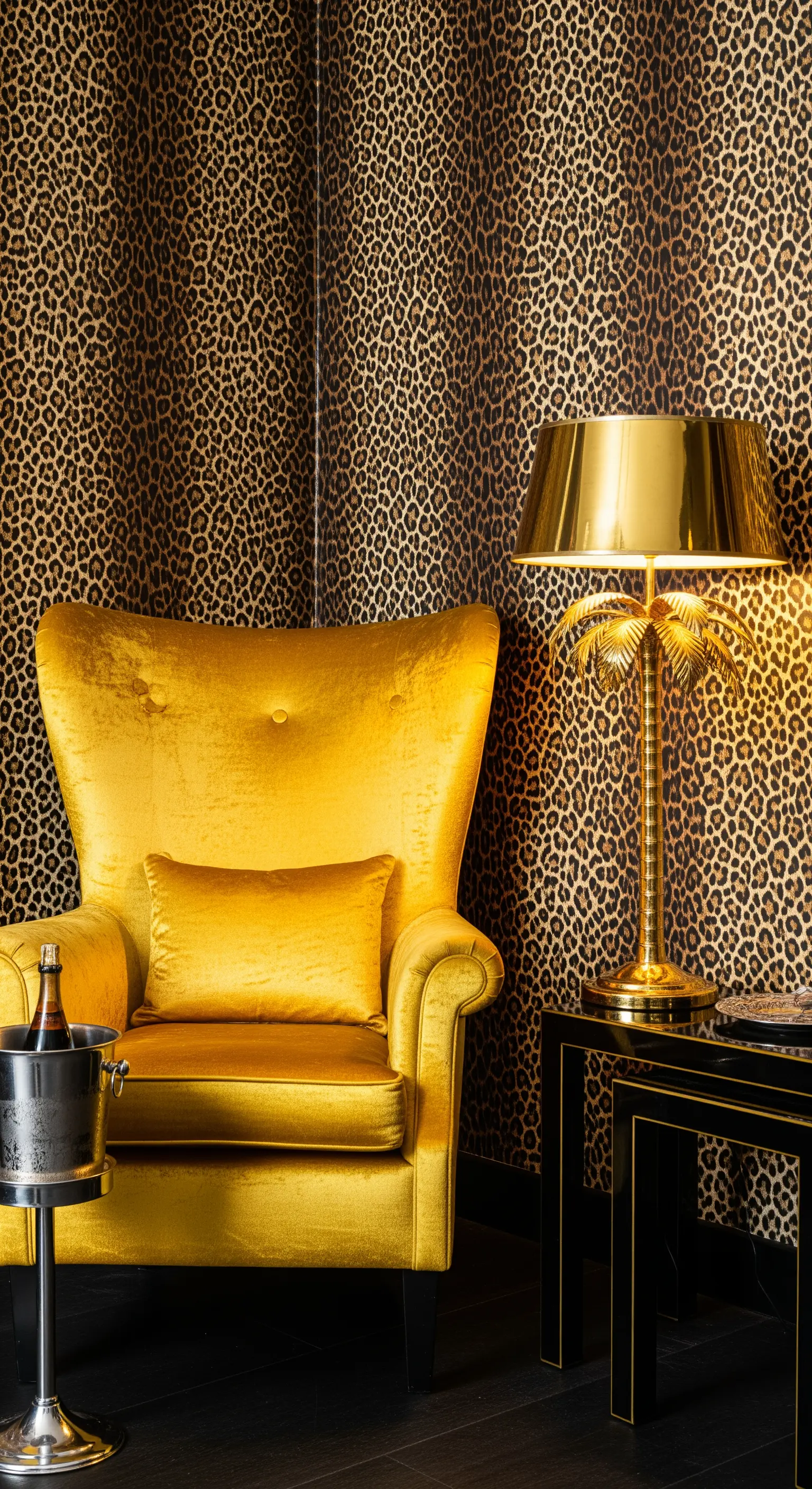 Poltrona in velluto senape contro una parete con carta da parati leopardata e lampada-palma dorata.
