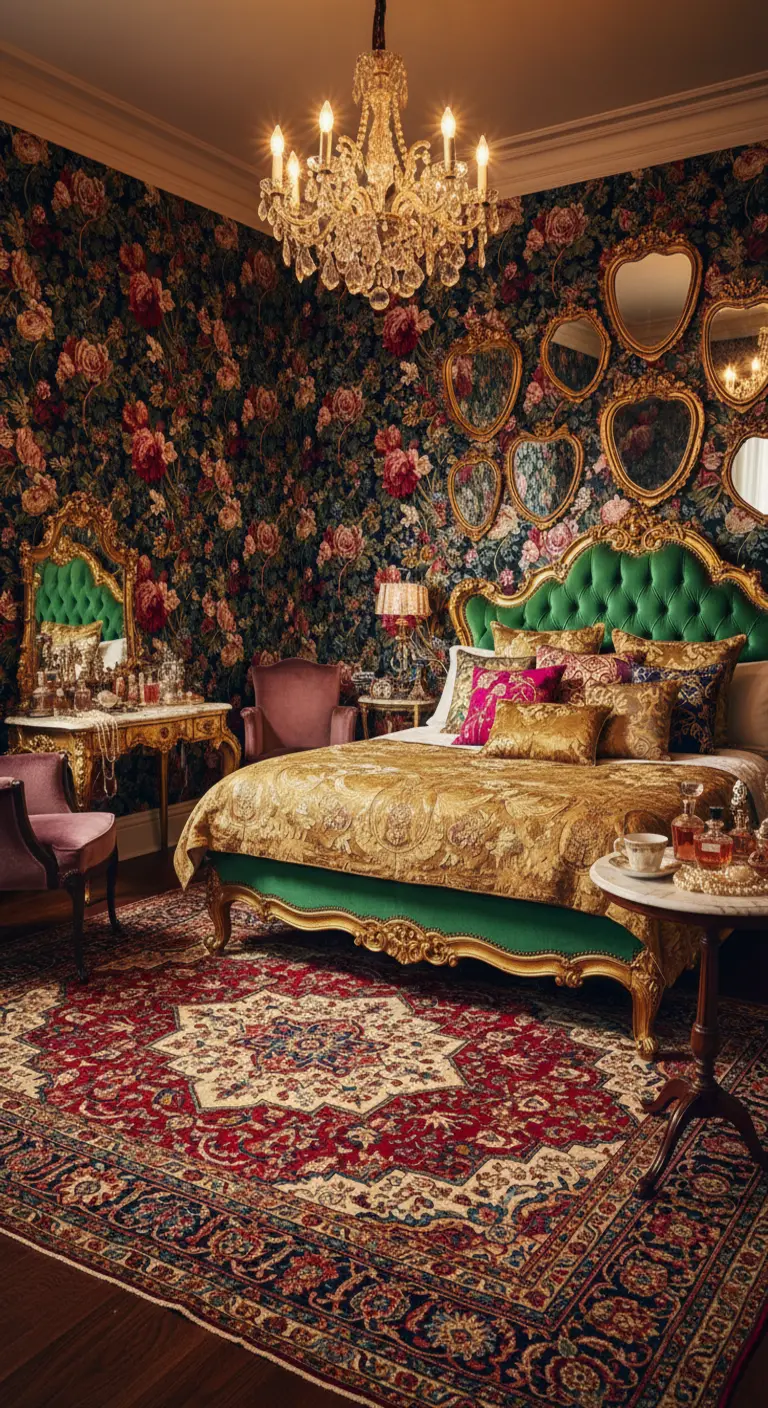 Camera da letto massimalista con carta da parati floreale, letto verde e tappeto rosso.