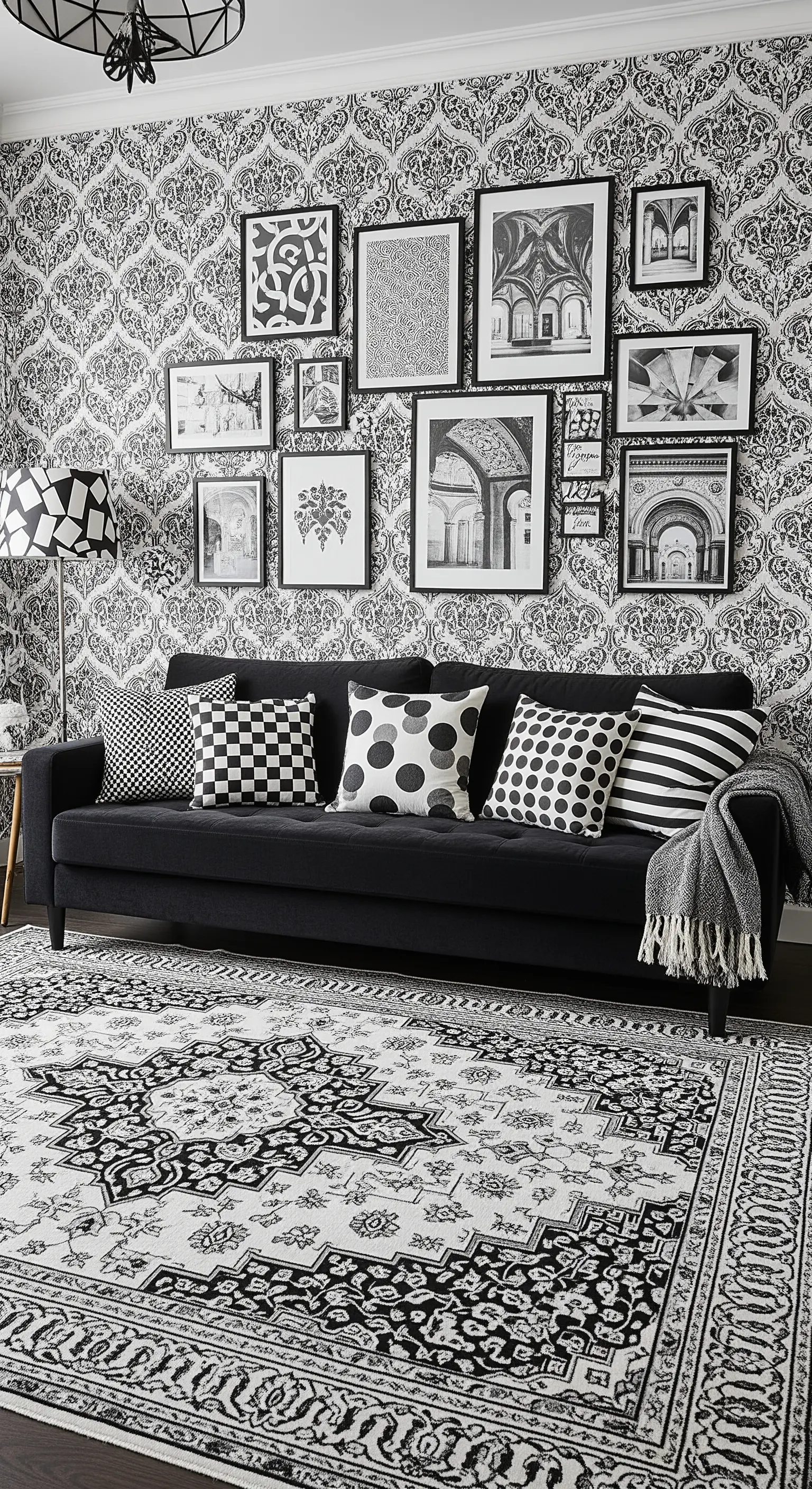 Salotto massimalista con carta da parati, quadri e cuscini con pattern diversi in bianco e nero.