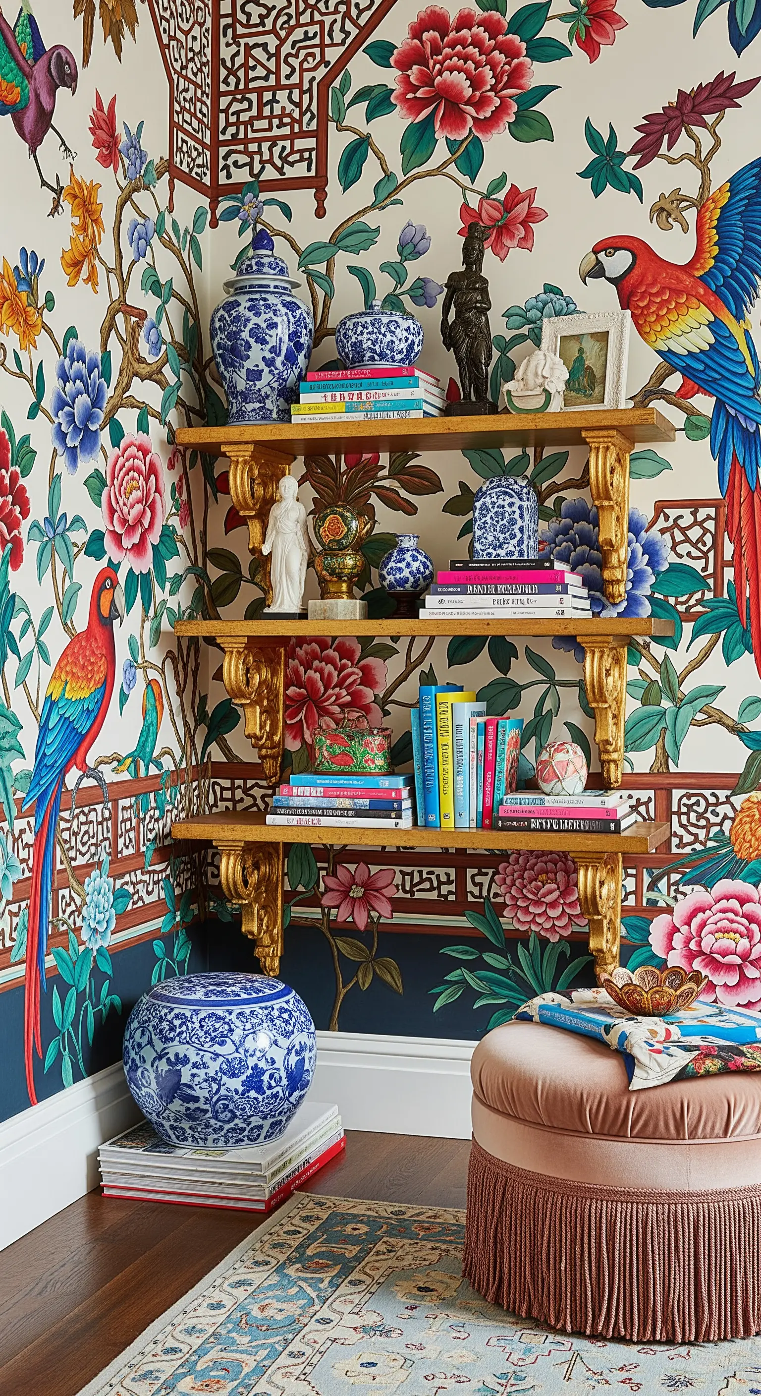 Mensole dorate decorate su una parete con carta da parati Chinoiserie colorata.