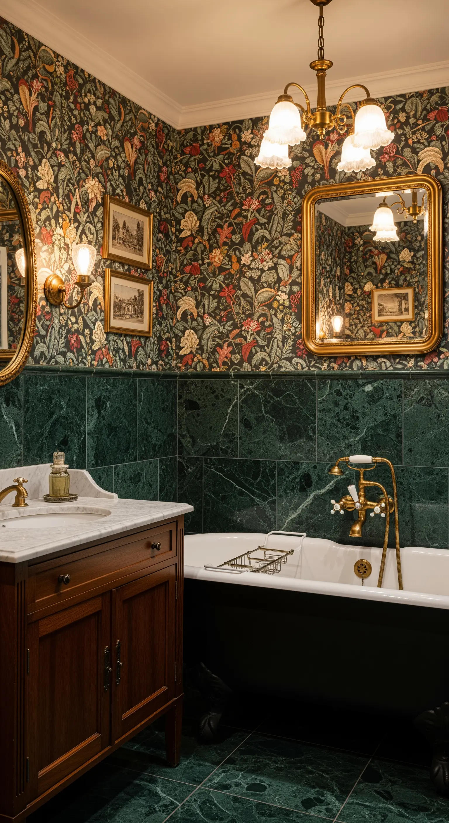 Bagno con boiserie in marmo verde, carta da parati floreale e vasca freestanding nera.