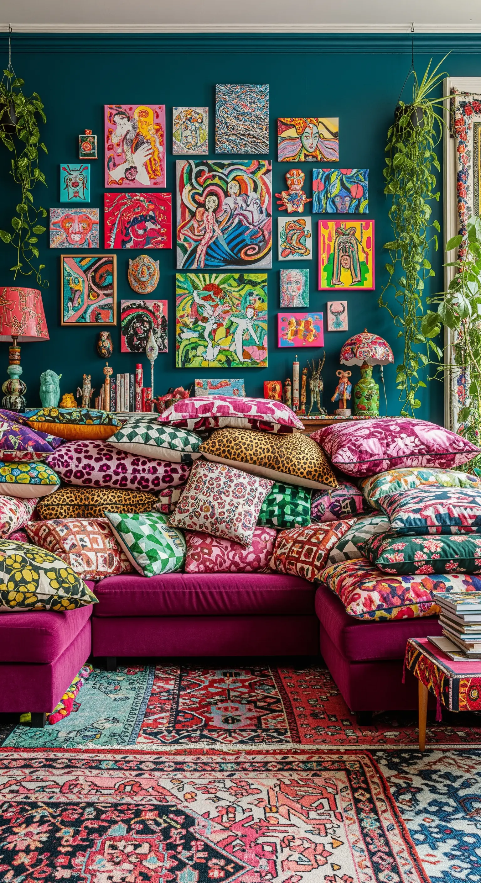 Salotto massimalista con parete blu, divano fucsia e una moltitudine di cuscini e quadri colorati.
