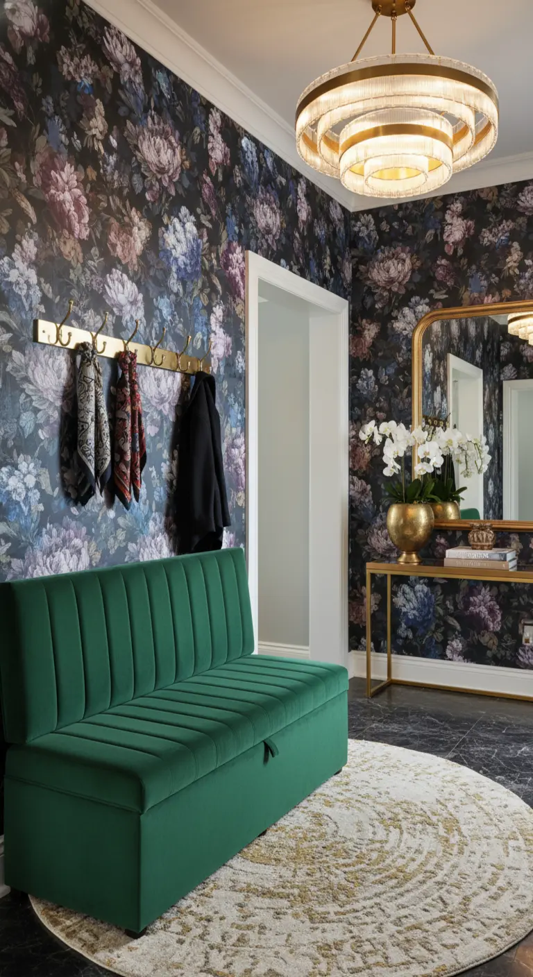 Panca in velluto verde smeraldo contro una parete con carta da parati floreale scura.