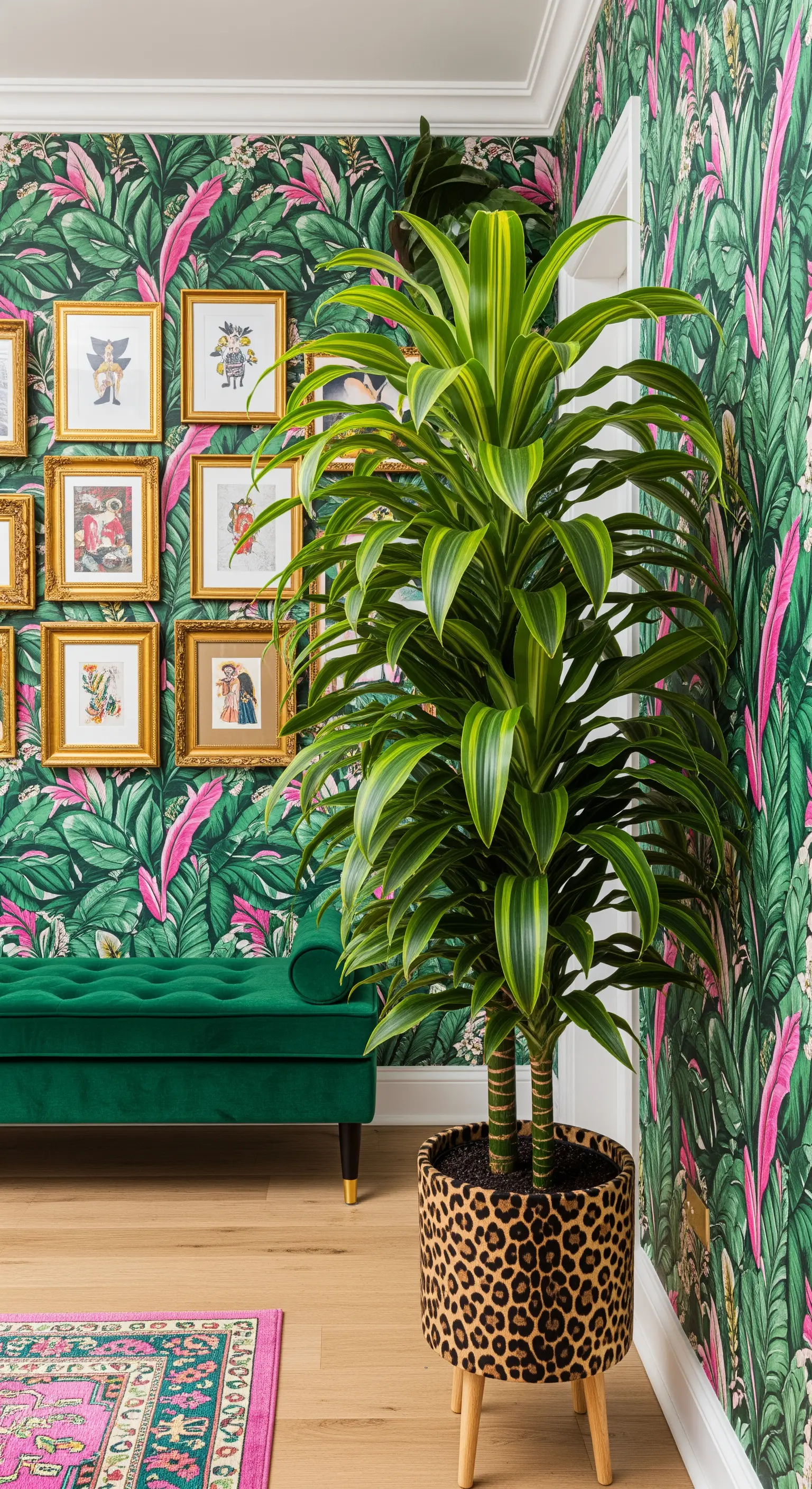 Dracaena in un vaso leopardato davanti a una parete con carta da parati tropicale e una panca verde.