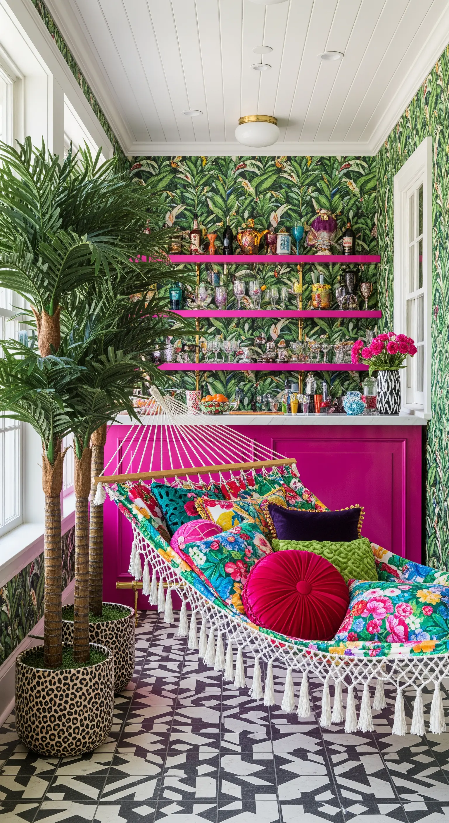 Angolo bar con carta da parati a foglie, mobile fucsia e amaca ricoperta di cuscini colorati