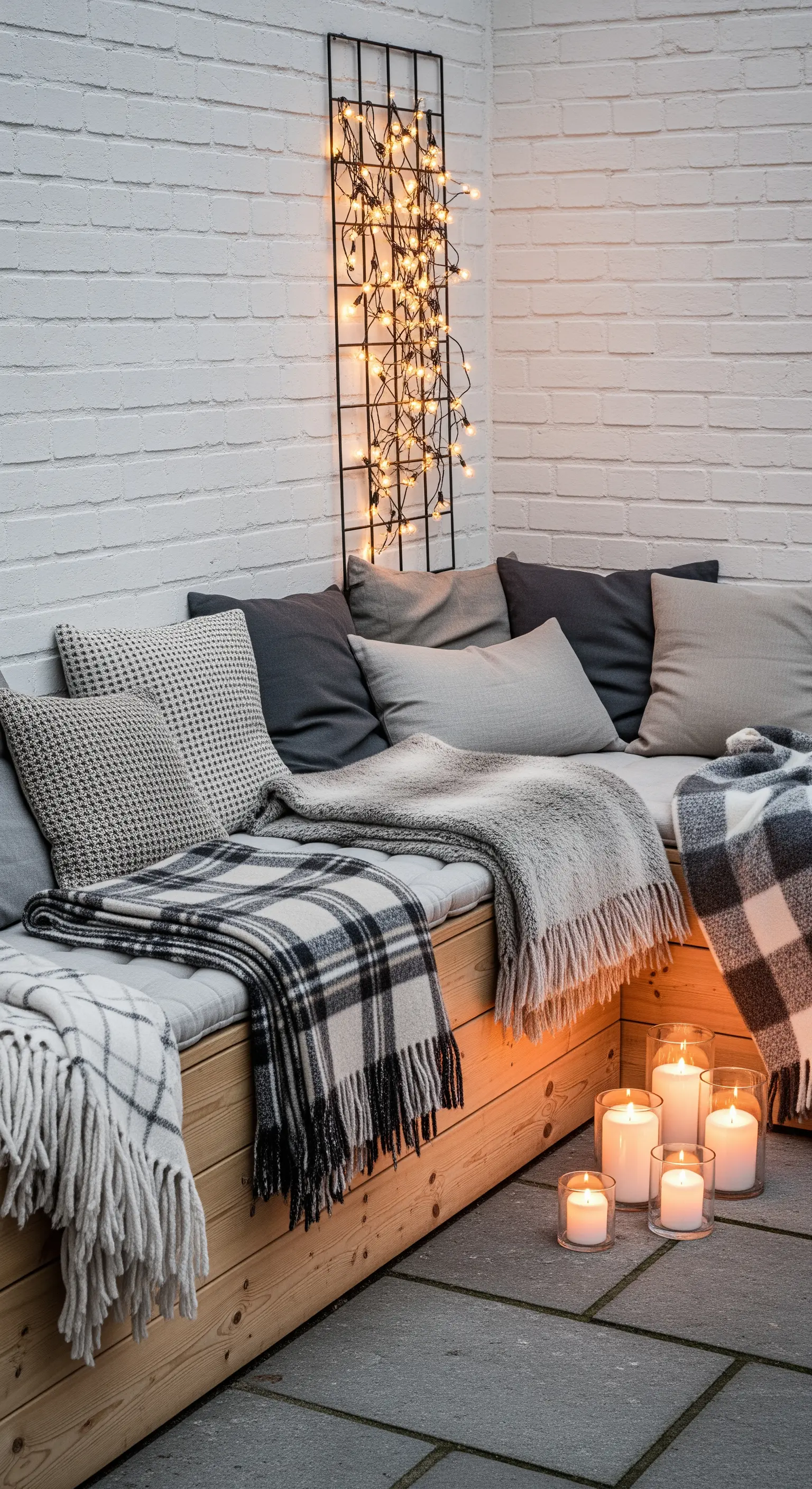 Panca angolare in legno ricoperta di cuscini e plaid, con luci LED e candele a terra.