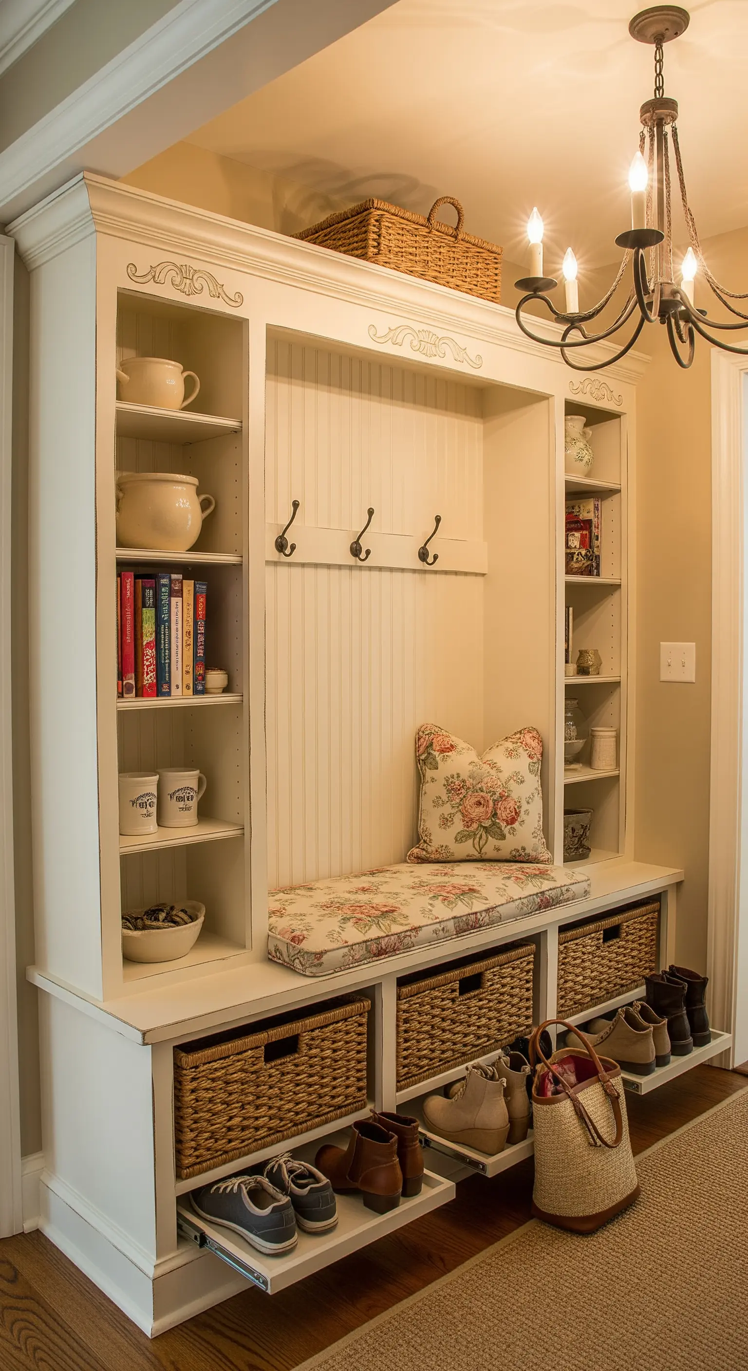 Mobile da ingresso bianco in stile country con panca, cesti in vimini e ripiani per scarpe estraibili.