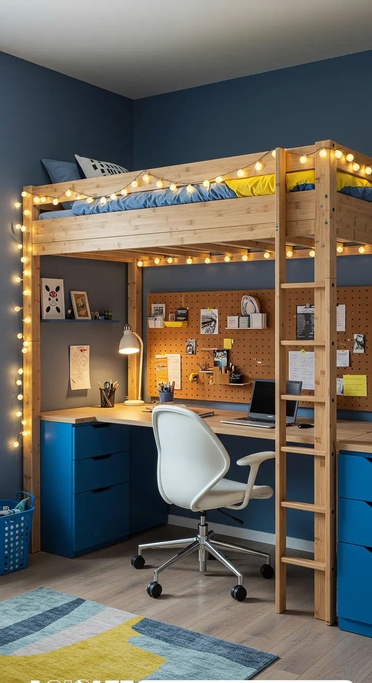 Letto a soppalco in legno con ampia scrivania blu e pannello forato organizzativo sottostante.