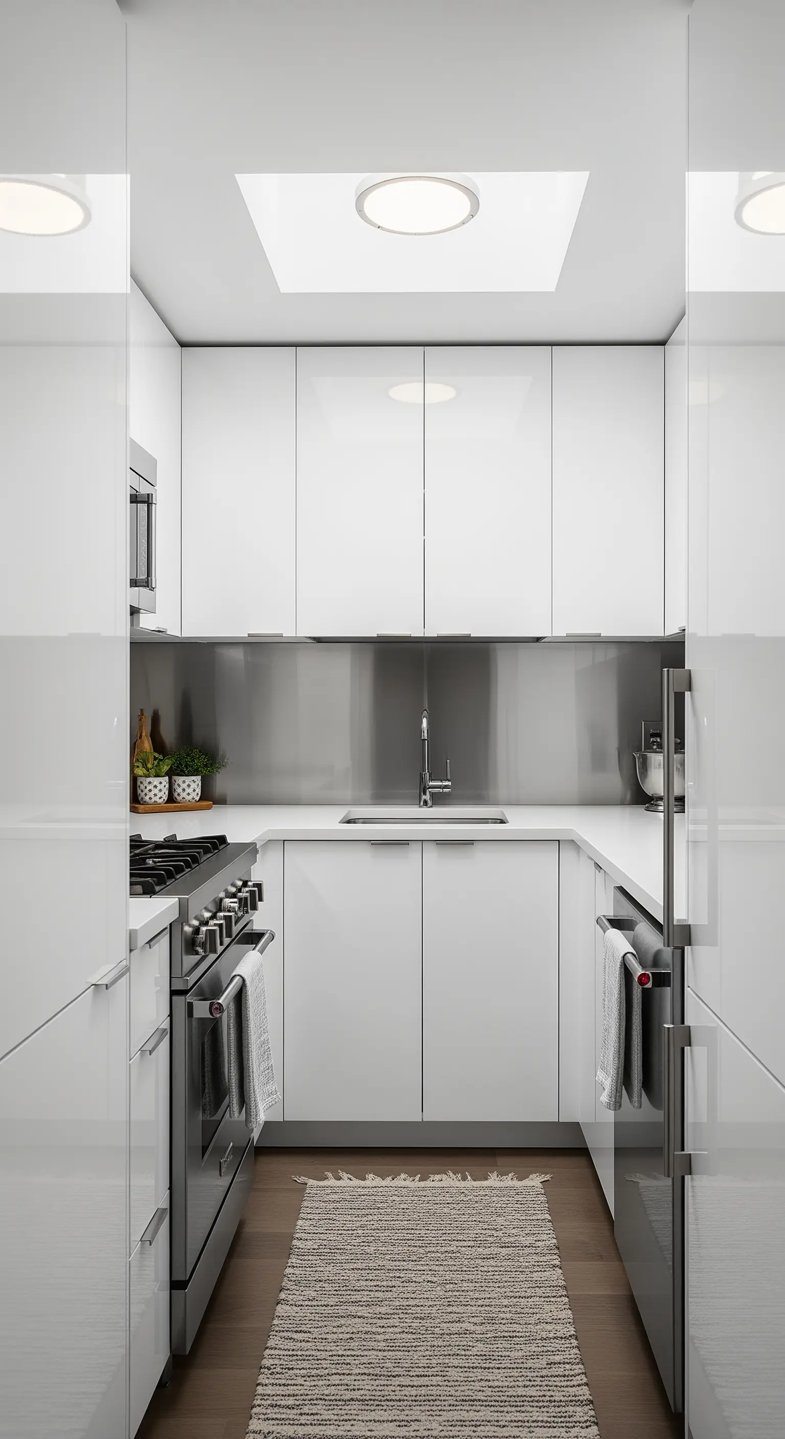 Cucina piccola a U con mobili bianchi lucidi e paraschizzi in acciaio inox.