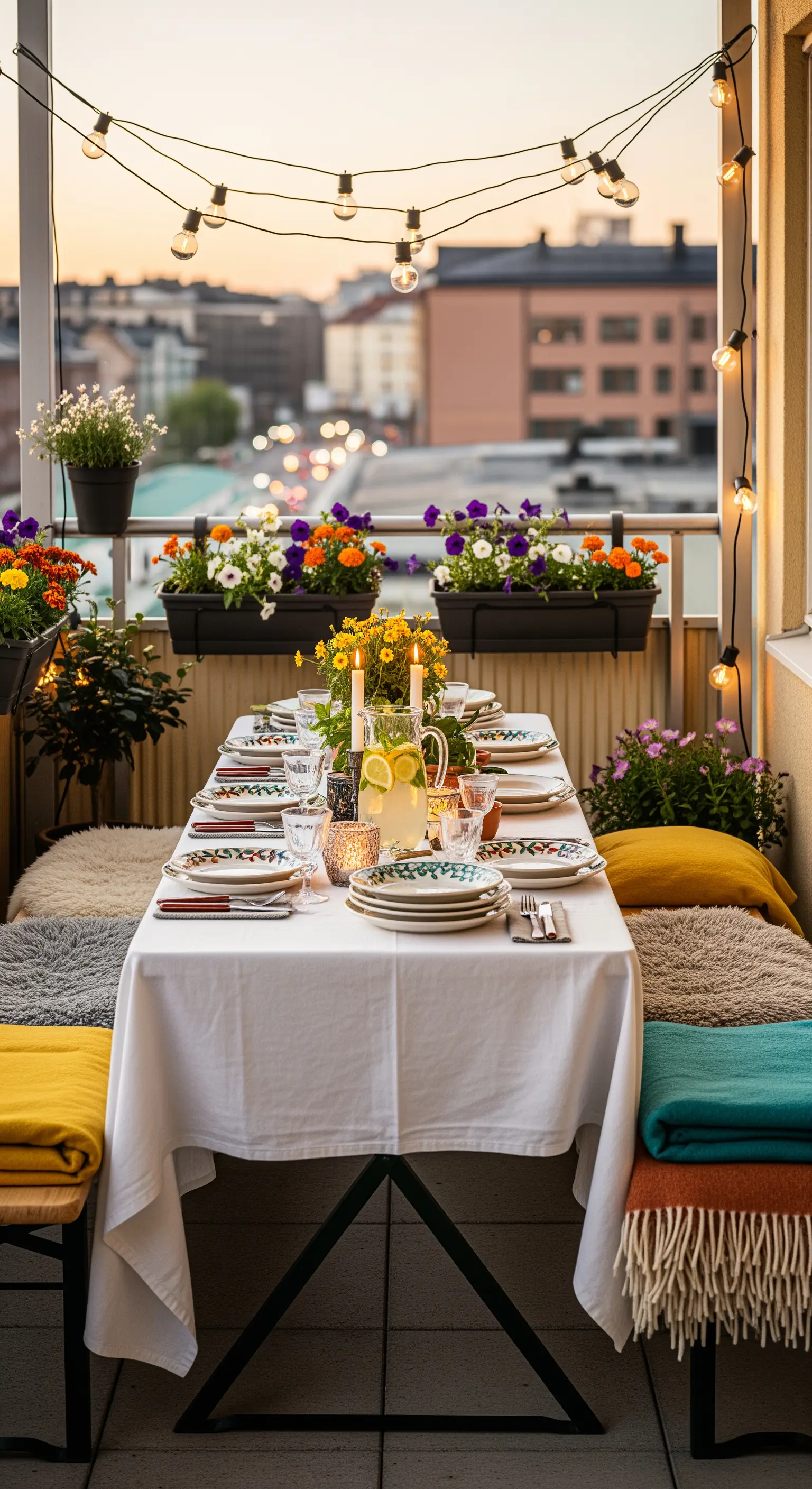 Tavola apparecchiata su un balcone con panche, cuscini colorati, coperte e fiori.