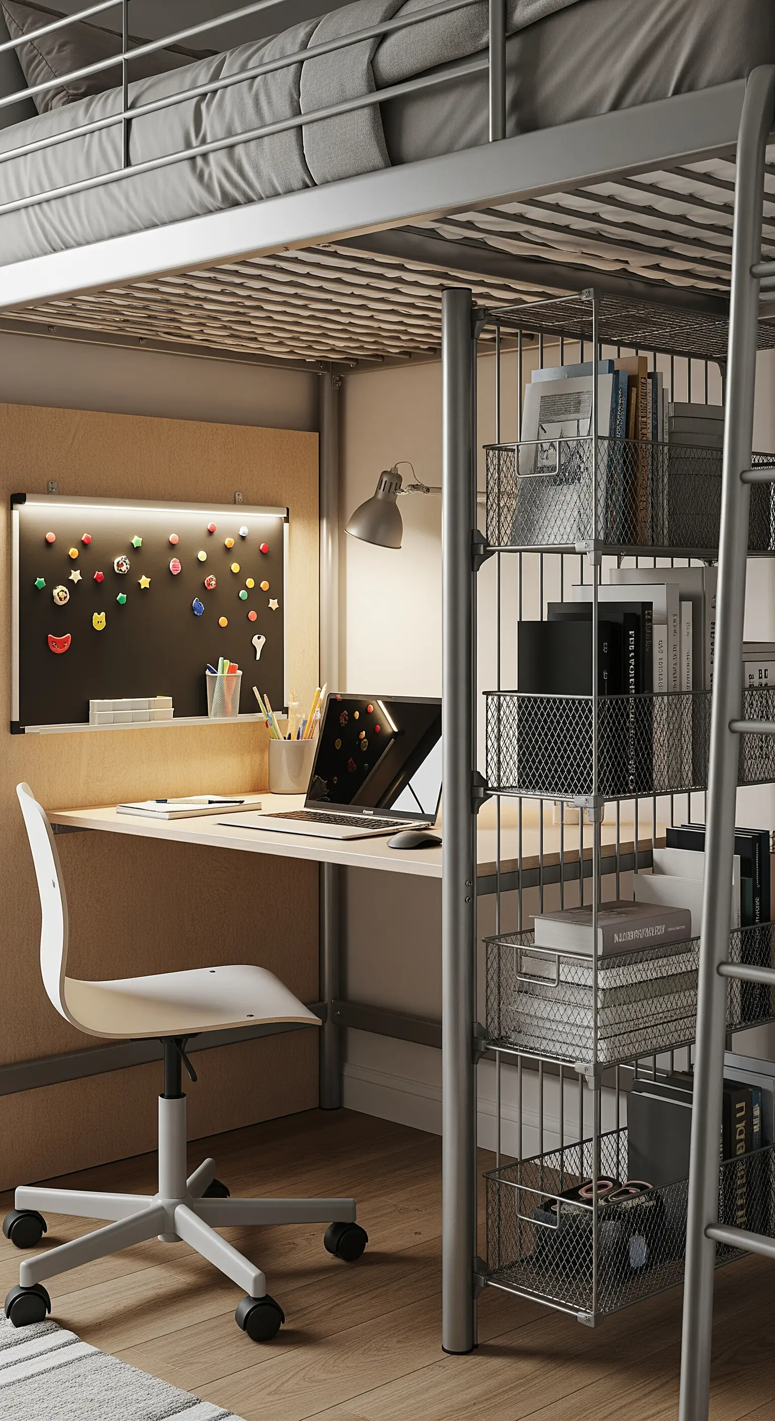 Scrivania e libreria in metallo posizionate sotto un letto a soppalco grigio.