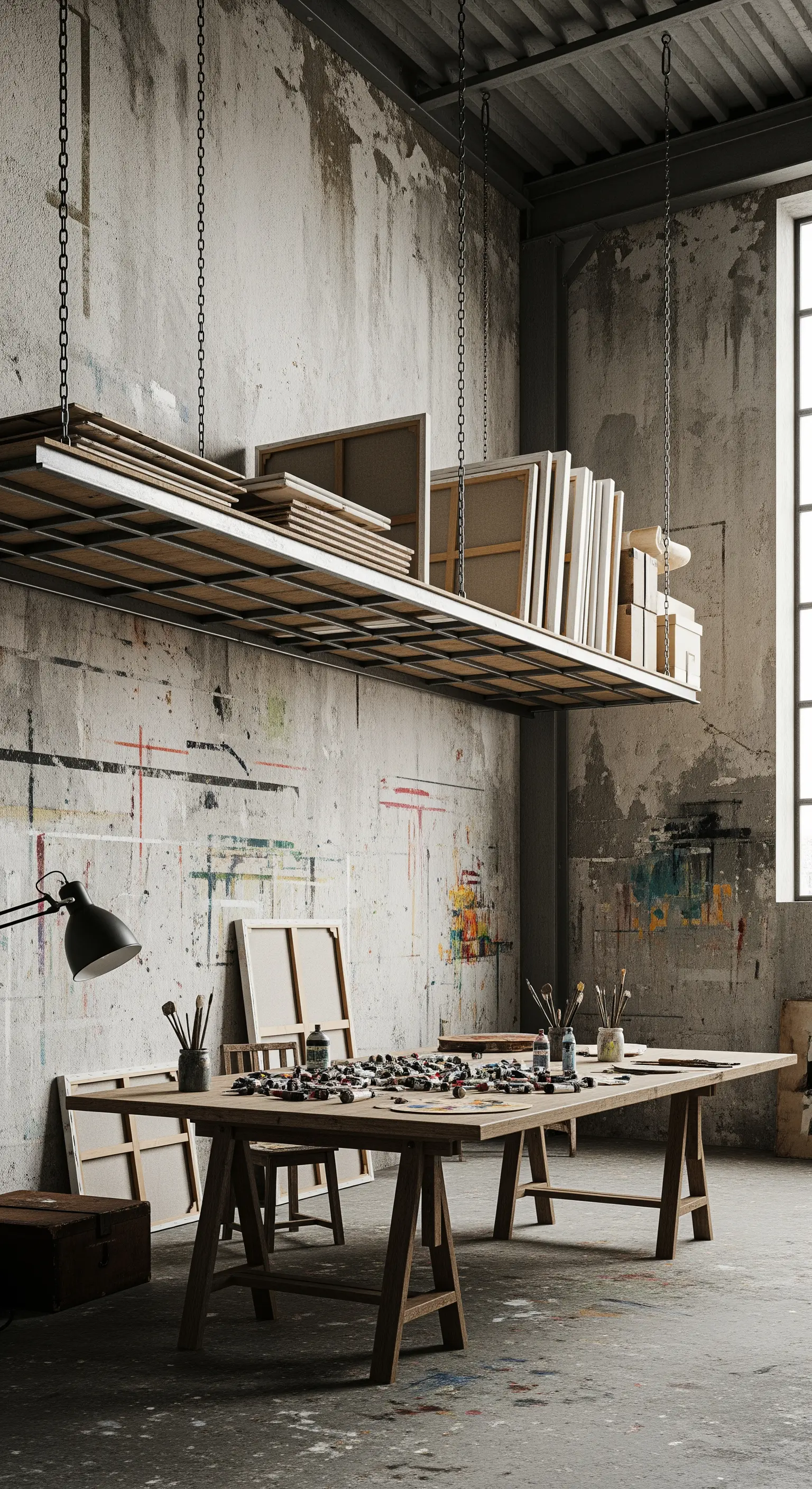 Studio d'artista con grande mensola sospesa con catene per archiviare tele.
