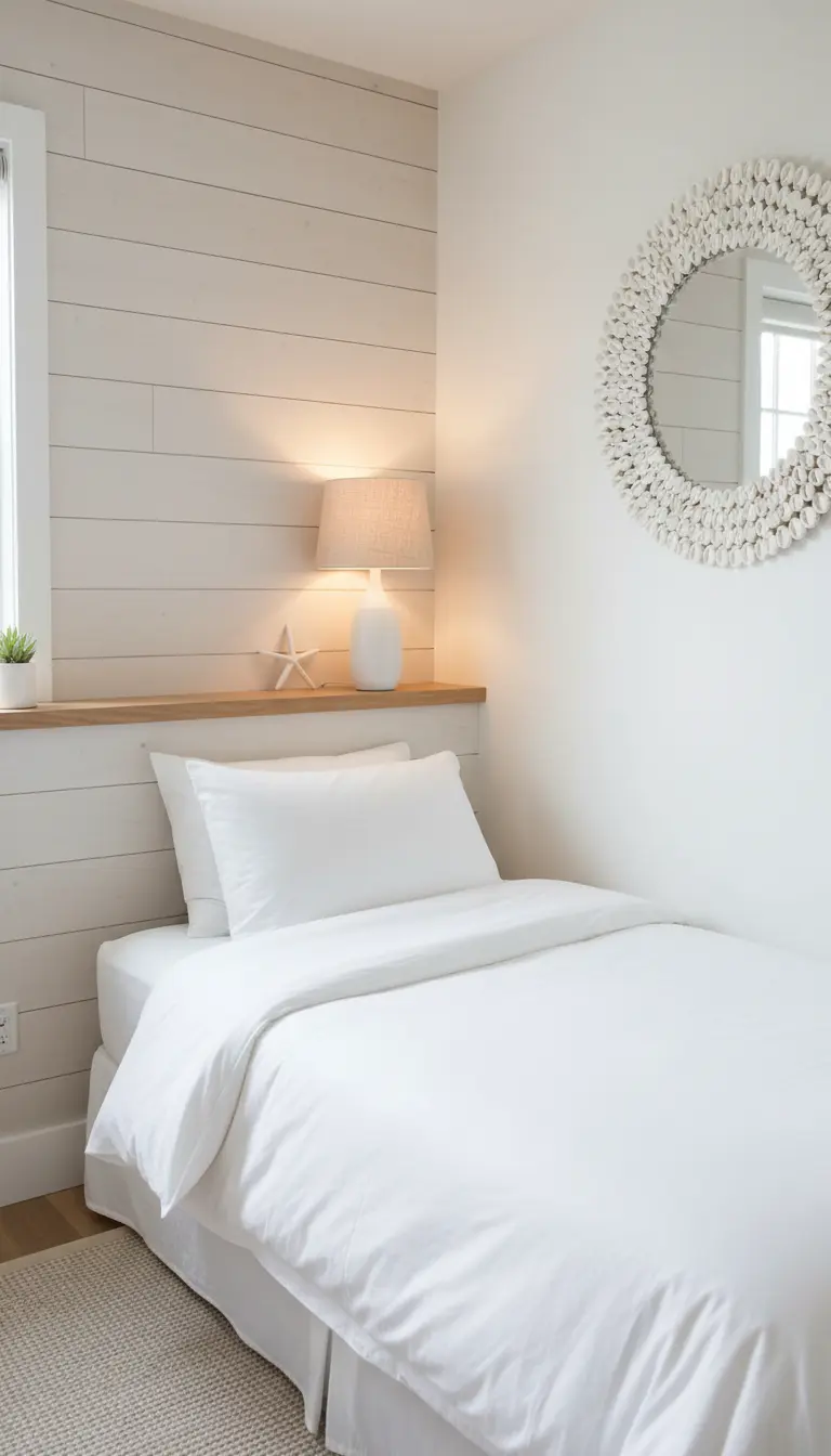 Letto singolo in una piccola nicchia con mensola in legno, specchio di conchiglie e lampada.