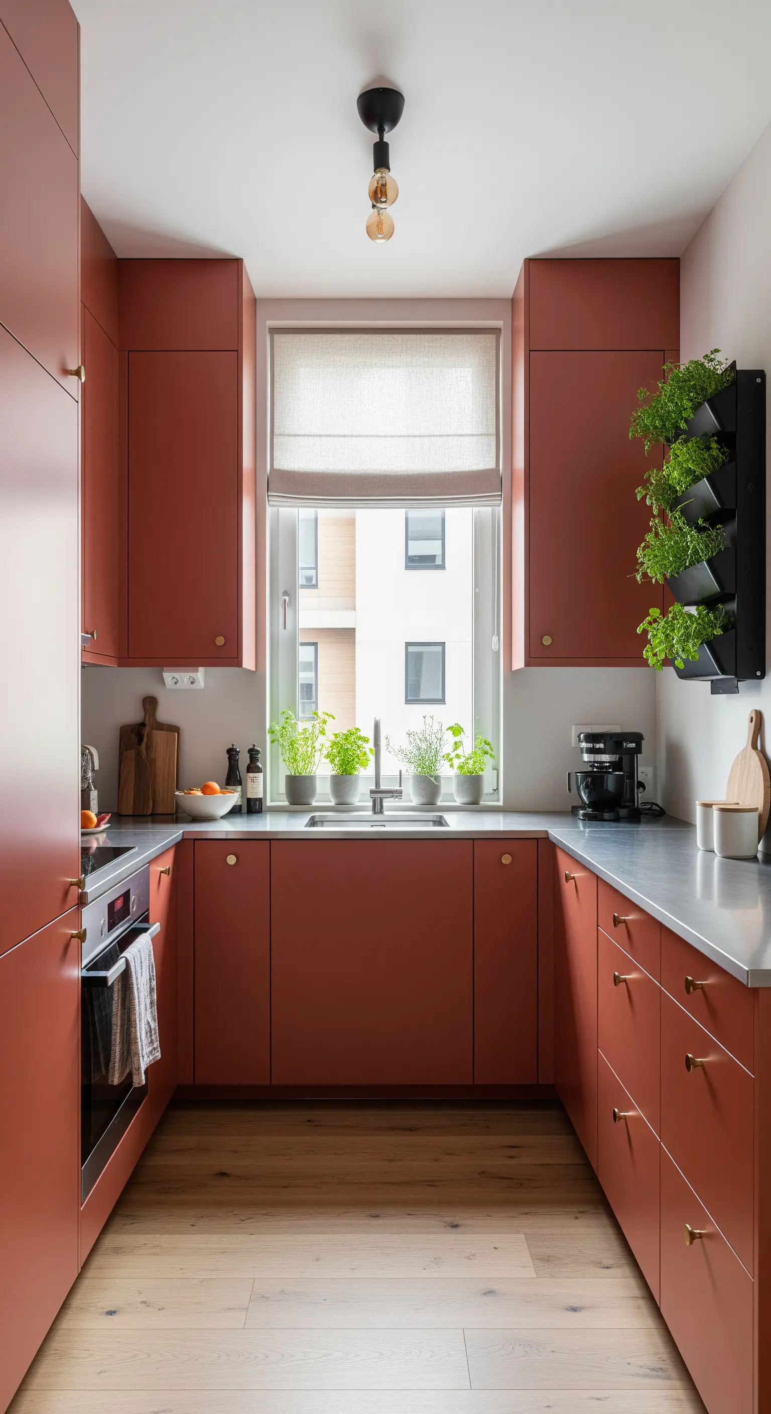 Cucina piccola a U con mobili color terracotta e piantine aromatiche sulla finestra.