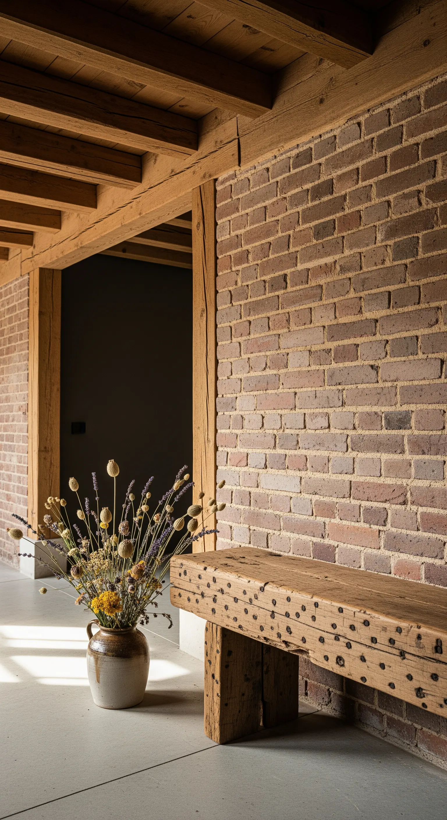 Panca in legno massiccio con borchie metalliche contro un muro di mattoni, con vaso di fiori secchi.