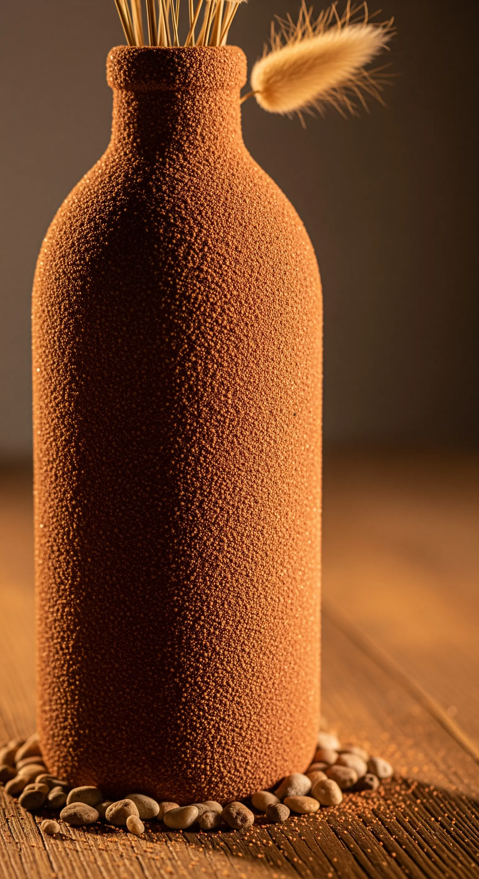 Bottiglia di vino con una finitura materica e ruvida color terracotta.