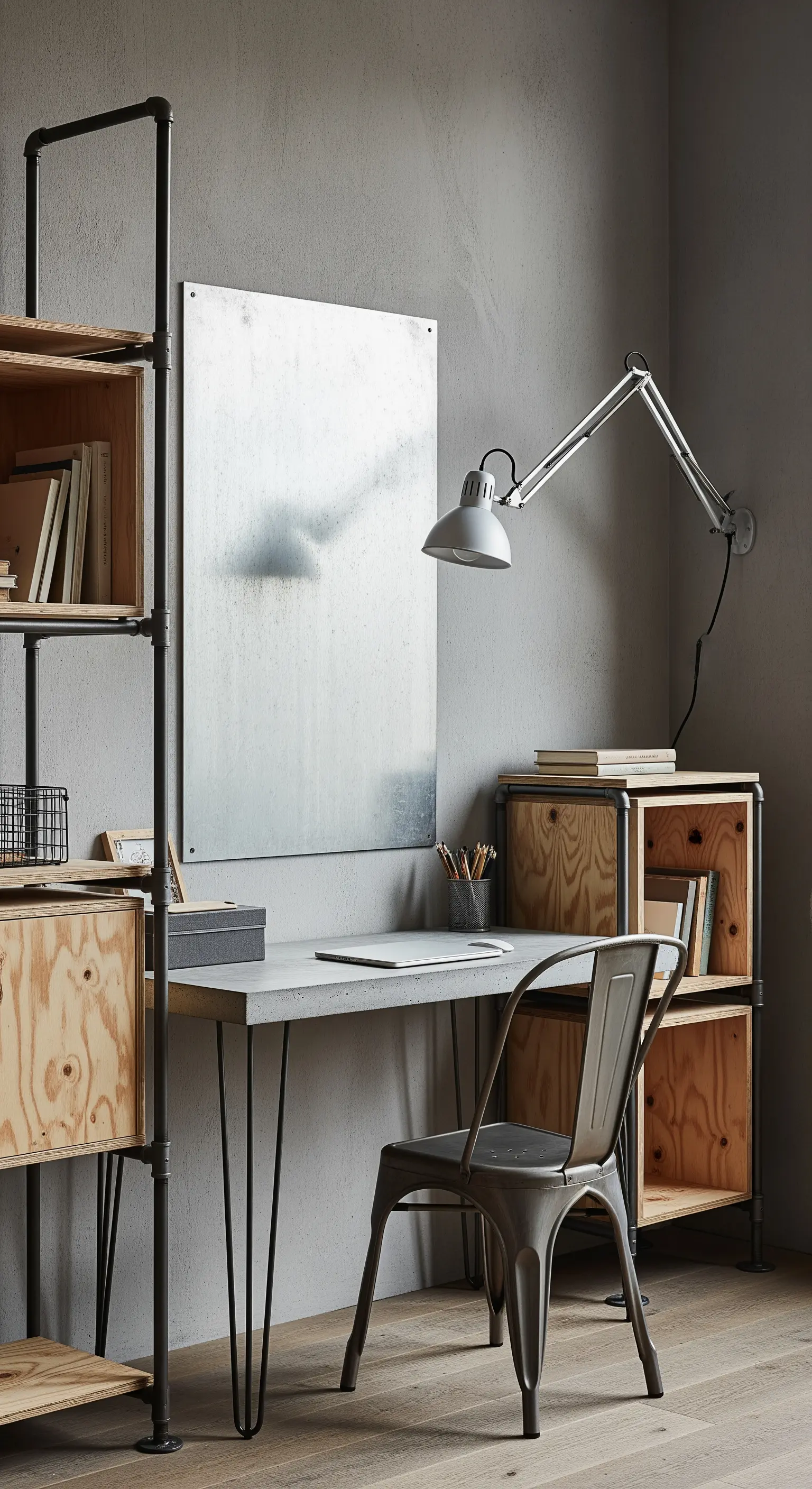 Scrivania in stile industriale con mobili in compensato e struttura in tubi di metallo.