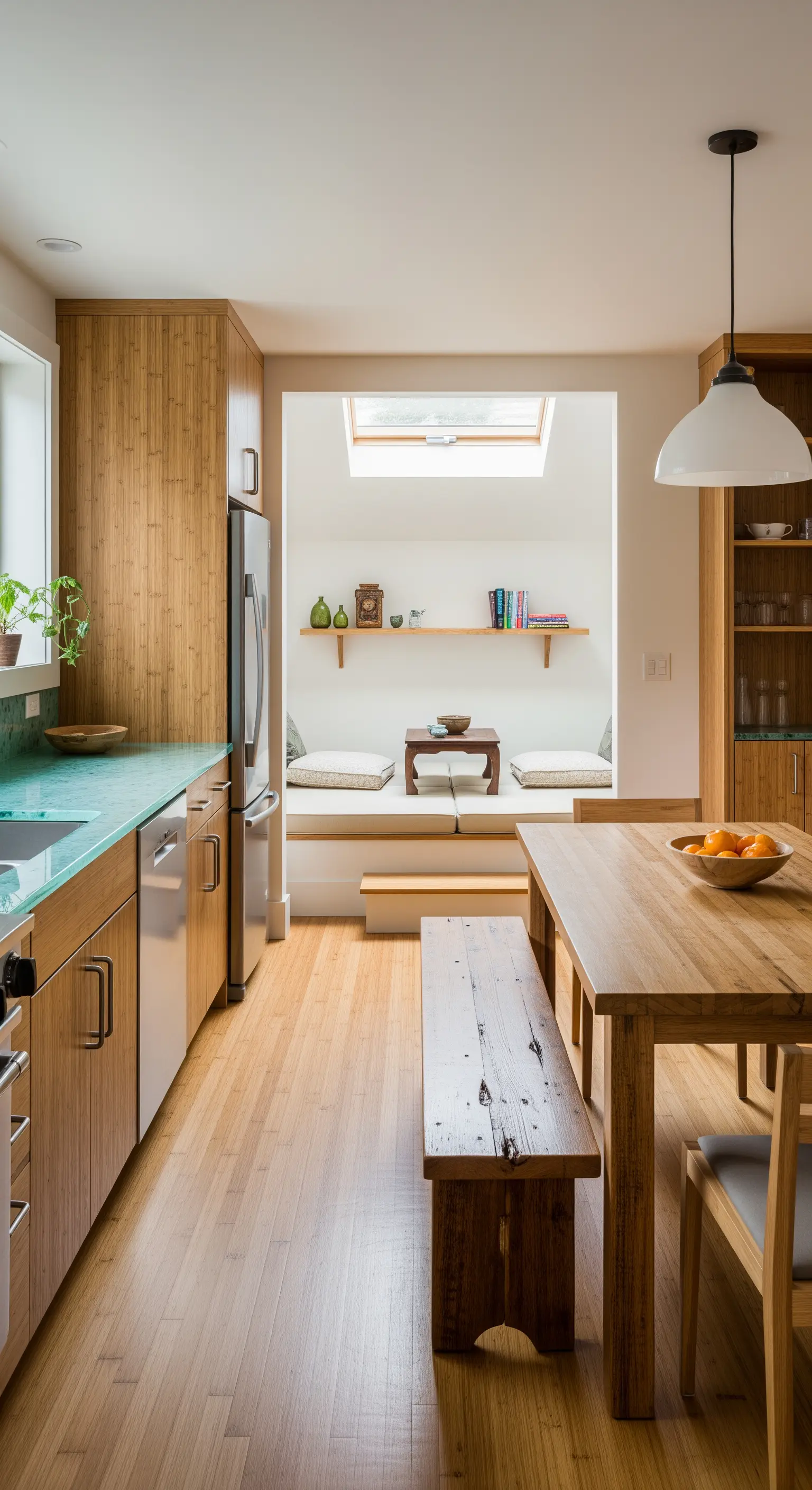 Cucina in bambù con top in vetro verde acqua e angolo relax minimalista sotto un lucernario.