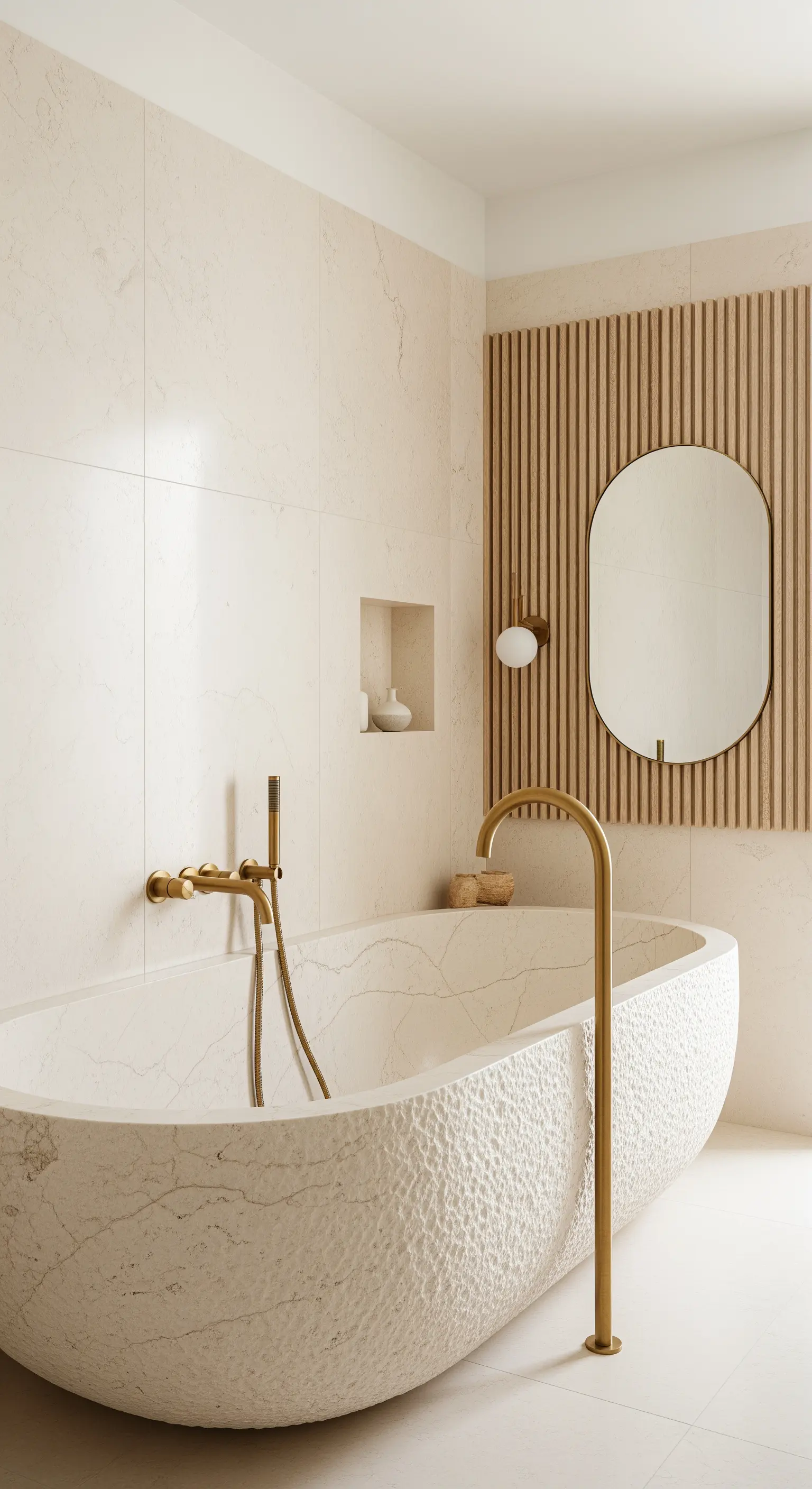 Vasca da bagno scultorea con finitura materica, parete con listelli di legno e rubinetto a pavimento.