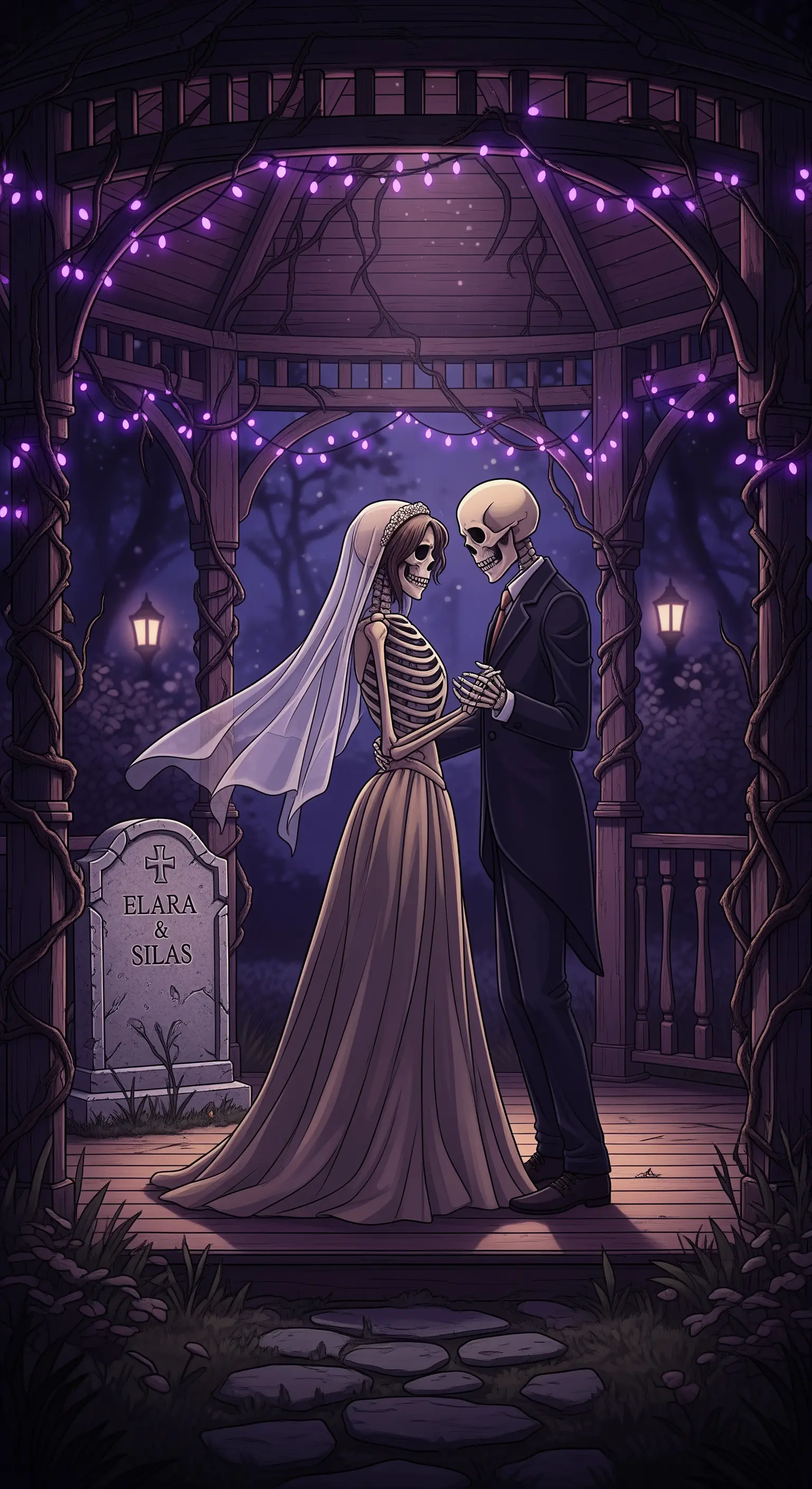 Due scheletri sposi si abbracciano sotto un gazebo illuminato da luci viola.