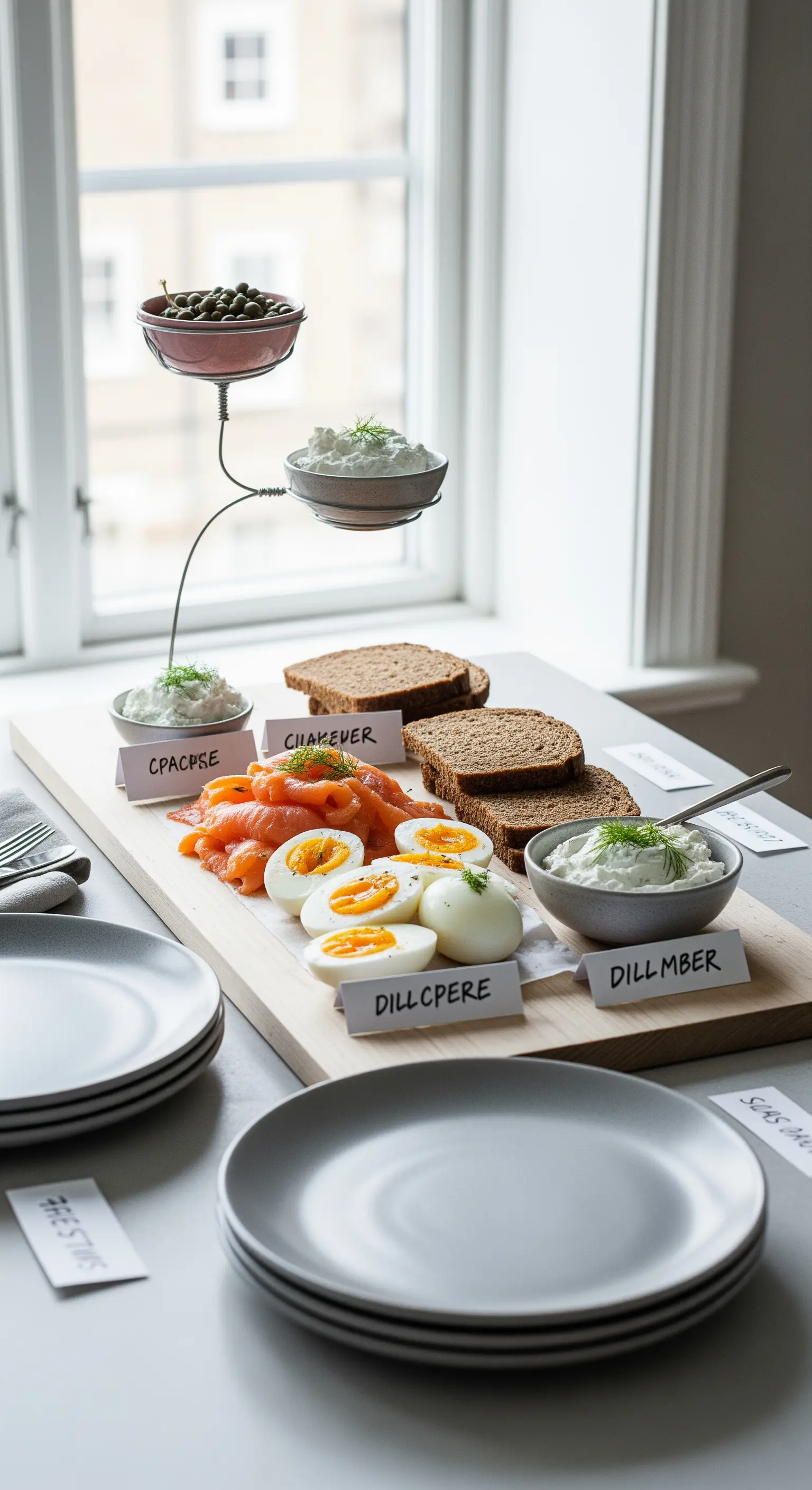 Colazione scandinava con salmone, uova sode e formaggio, presentata su un tagliere di legno.