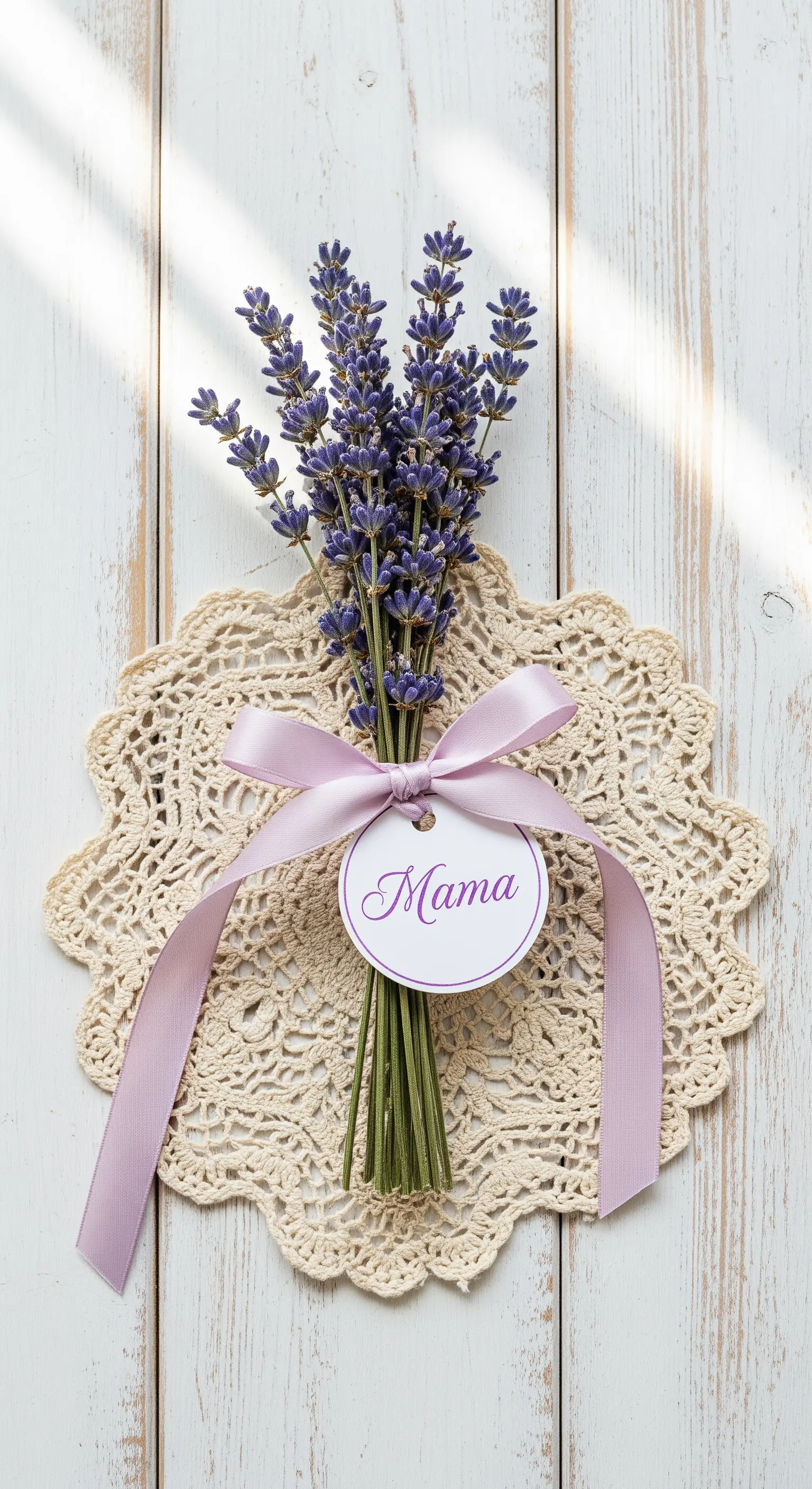 Mazzetto di lavanda fresca legato con un nastro di raso e un'etichetta rotonda.