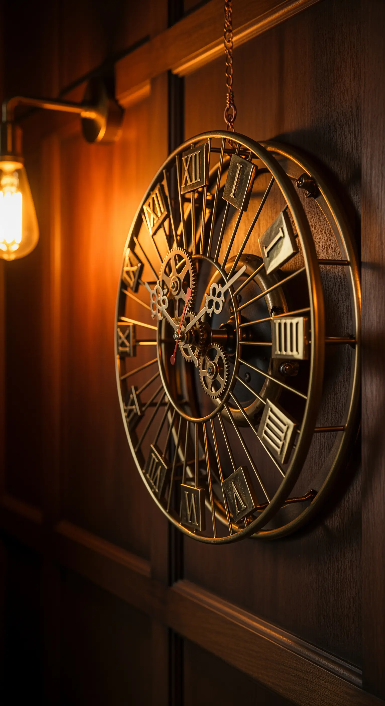 Orologio da parete in stile steampunk con ingranaggi a vista e finiture in ottone.