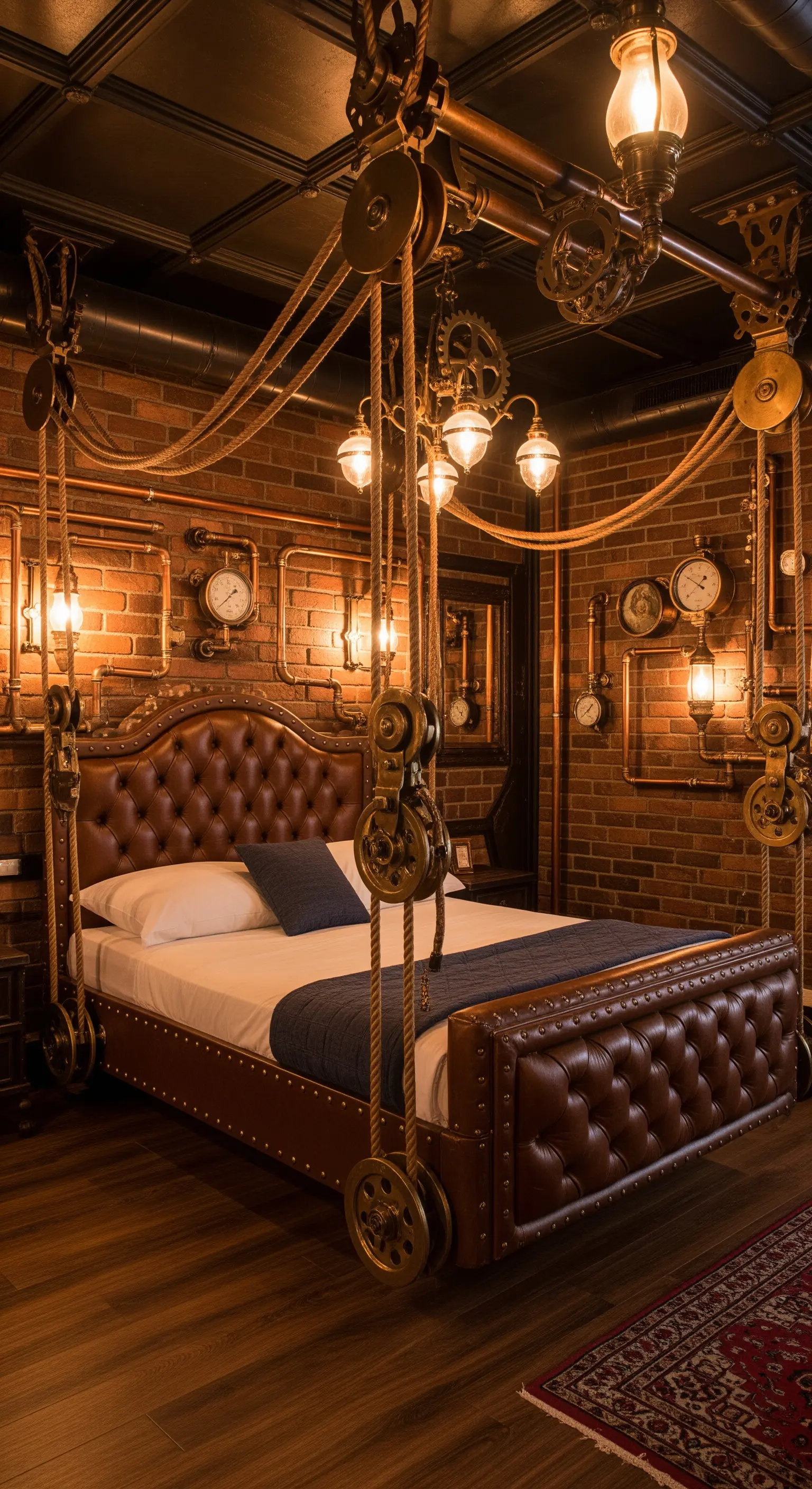 Letto in pelle sospeso con un complesso sistema di corde, carrucole e ingranaggi steampunk.