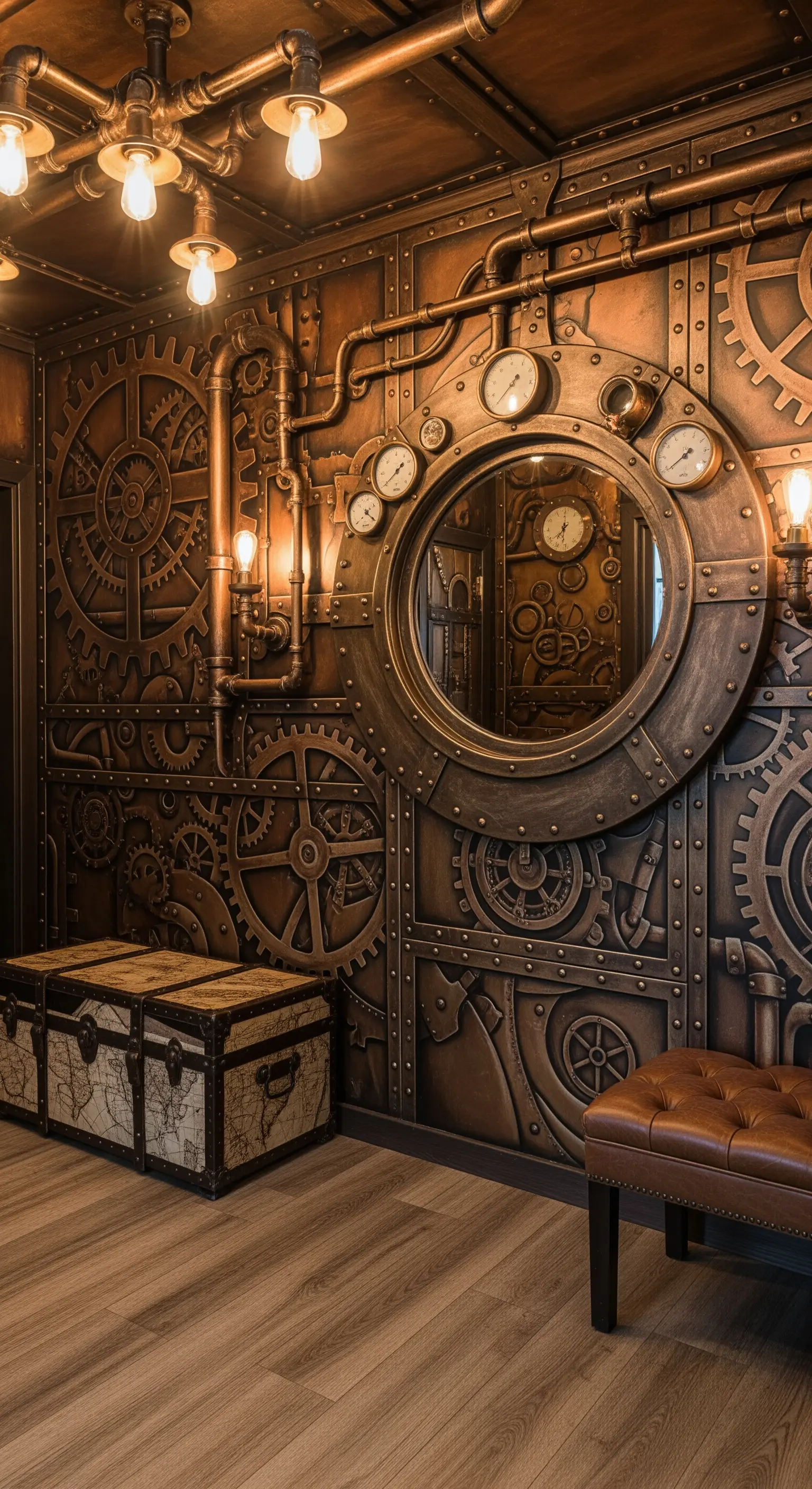 Ingresso in stile Steampunk con parete decorata a ingranaggi metallici e specchio a oblò.