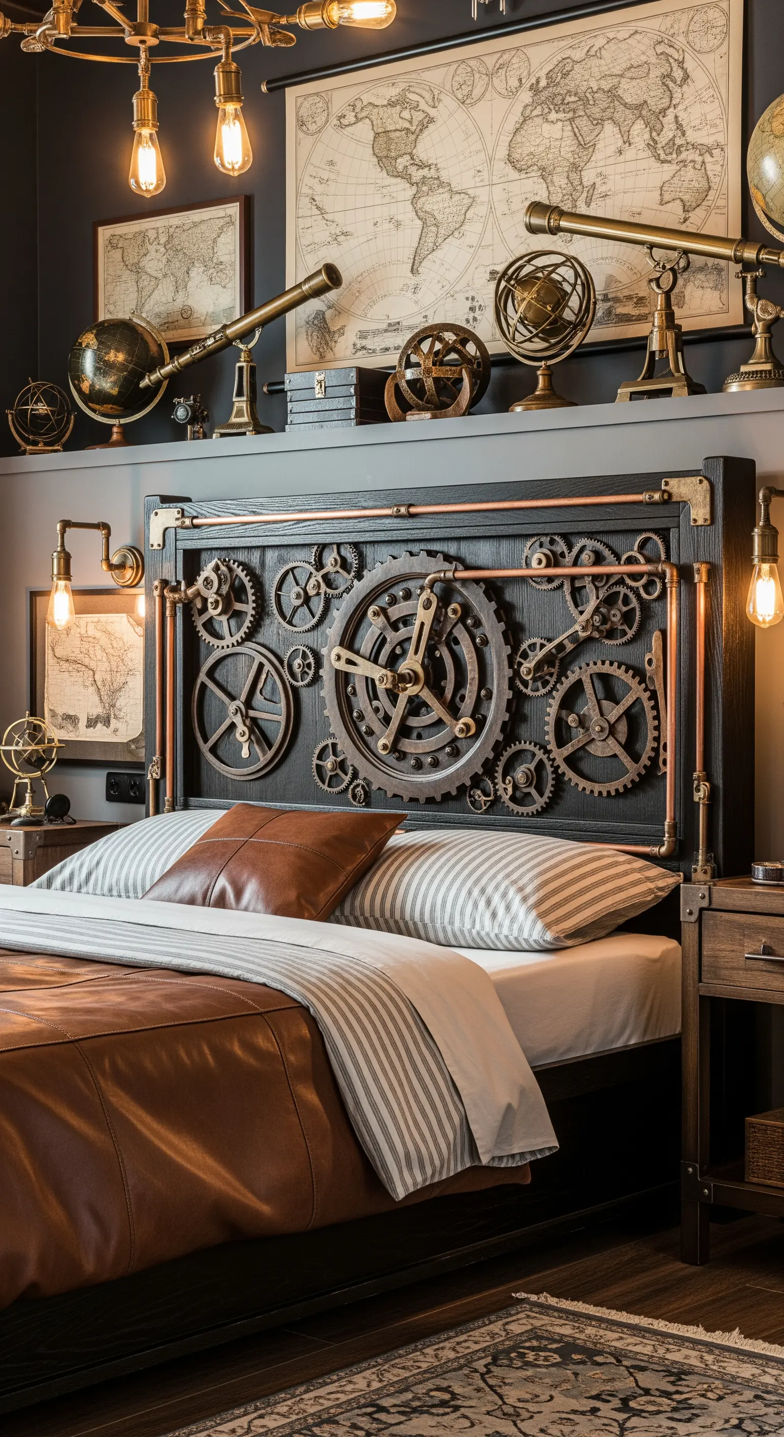 Testiera in stile Steampunk con ingranaggi, tubi di rame e lampadine Edison.