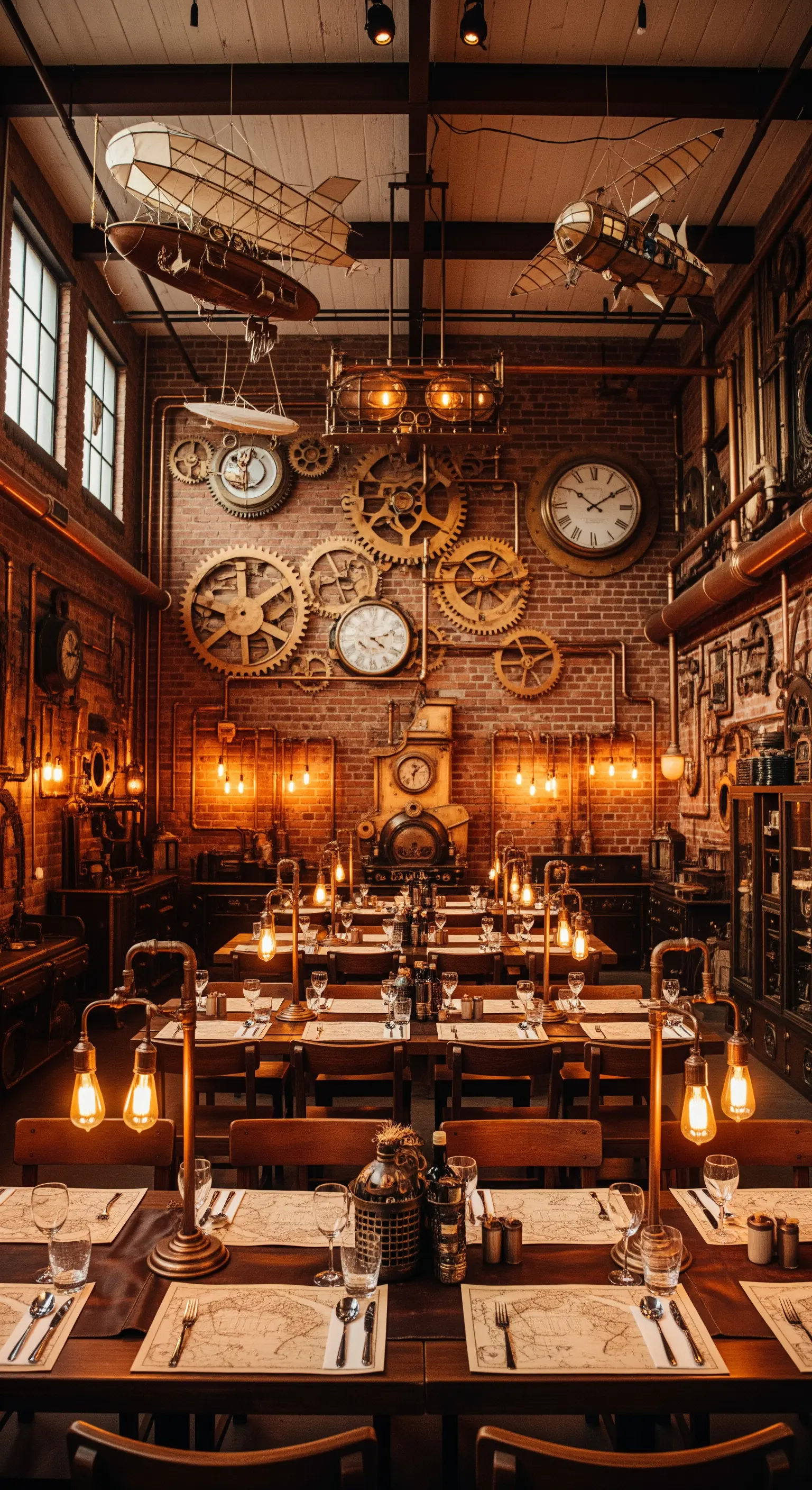 Ristorante a tema steampunk con pareti di mattoni, ingranaggi, orologi e lampadine di Edison.