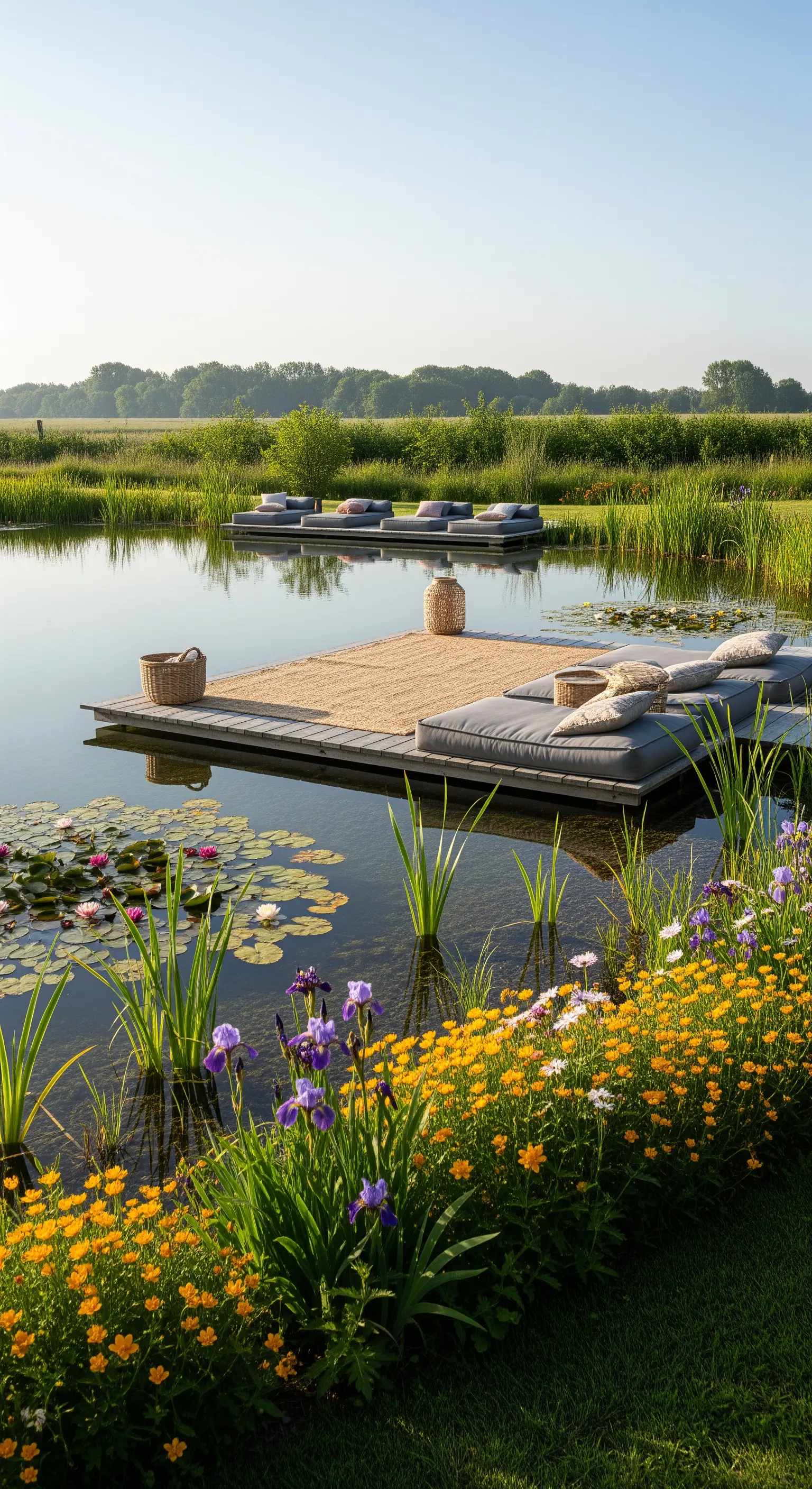 Piattaforme di legno su un laghetto con materassini bassi, circondate da ninfee e fiori acquatici.