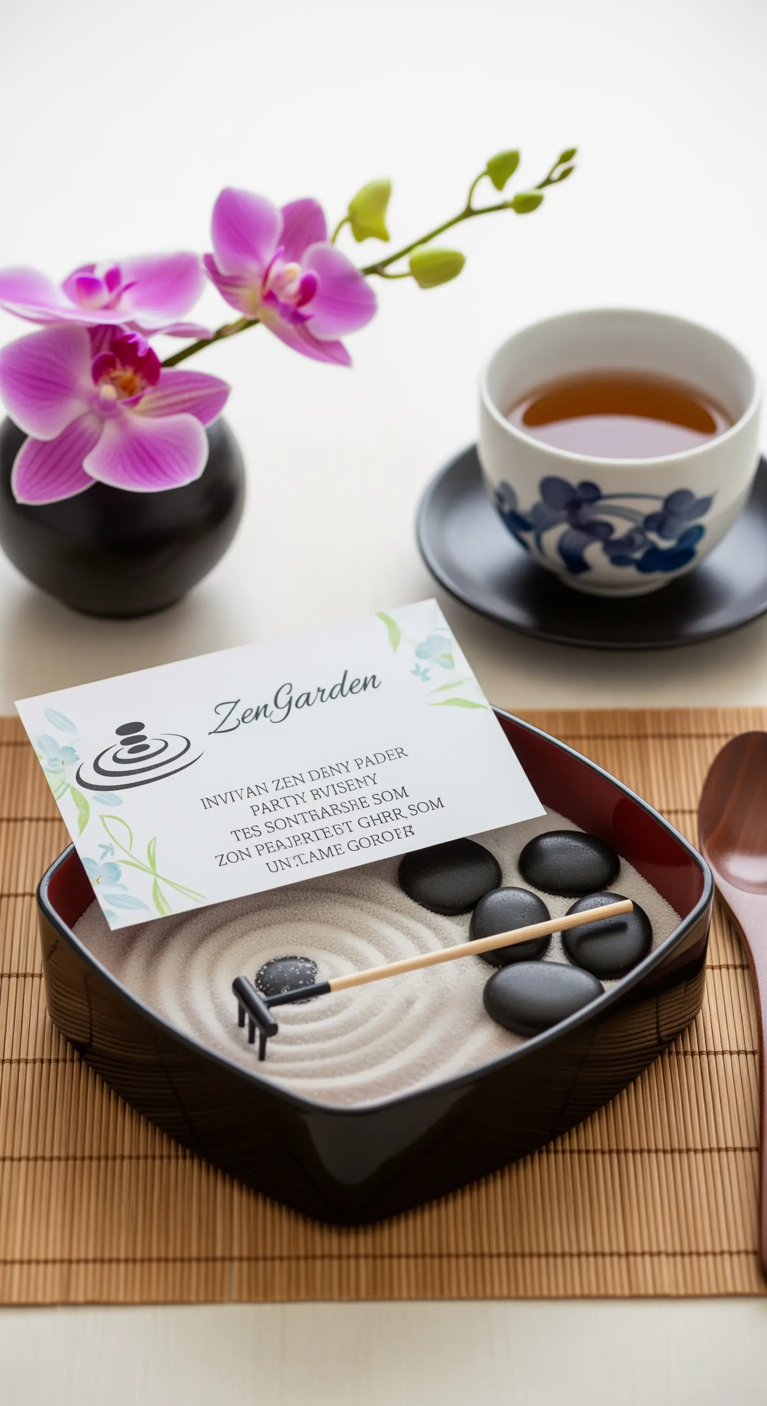 Invito a tema giardino zen, con un piccolo rastrello e pietre nere su sabbia bianca rastrellata.