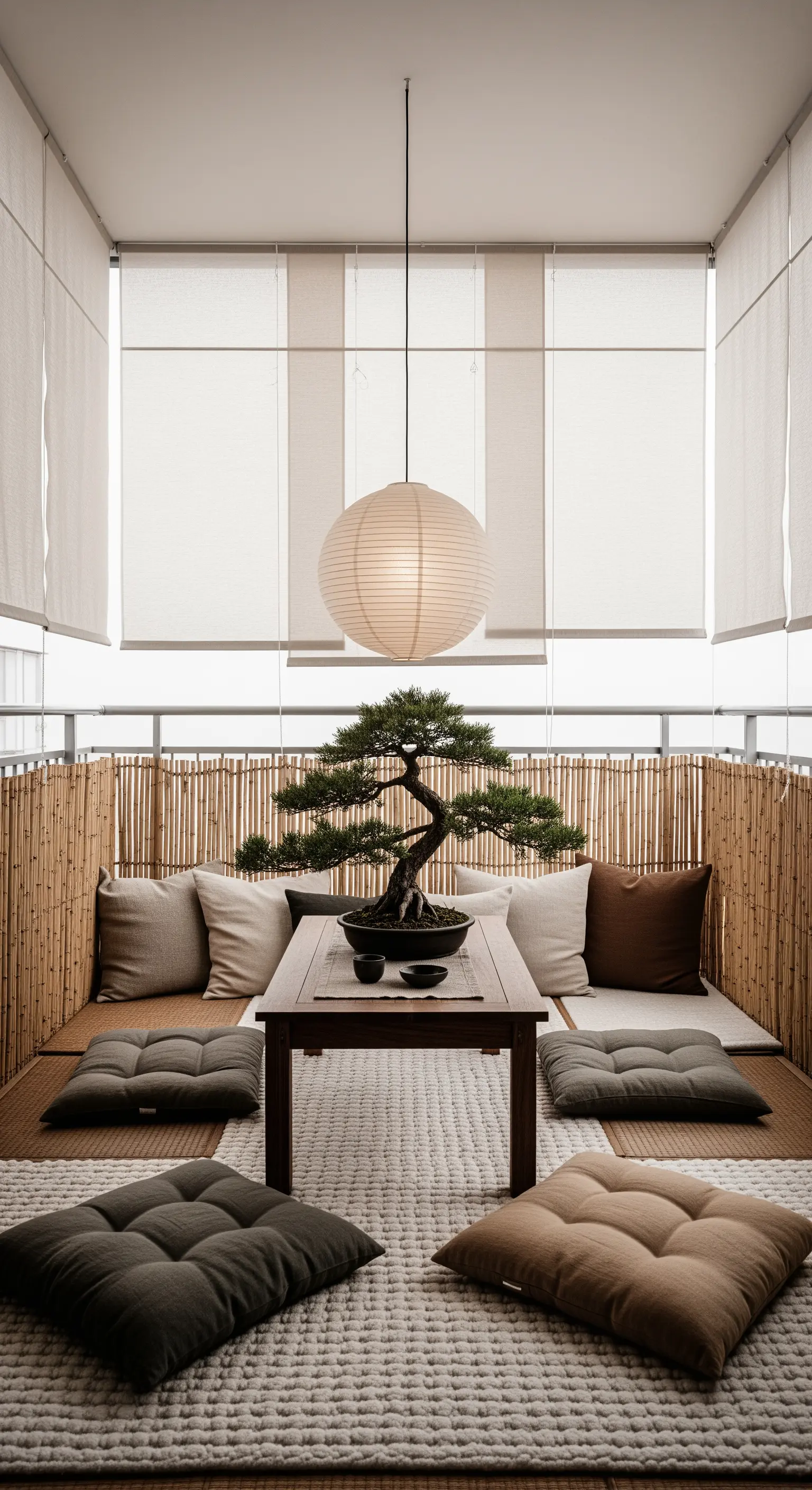 Balcone in stile giapponese con sedute basse, stuoie in bambù, un bonsai e una lanterna di carta.