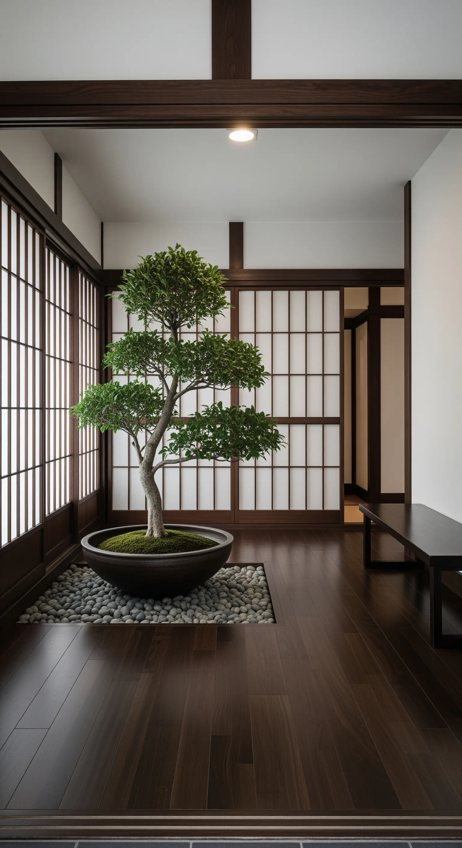 Grande bonsai in una ciotola bassa su un letto di ciottoli in un ingresso in stile giapponese.