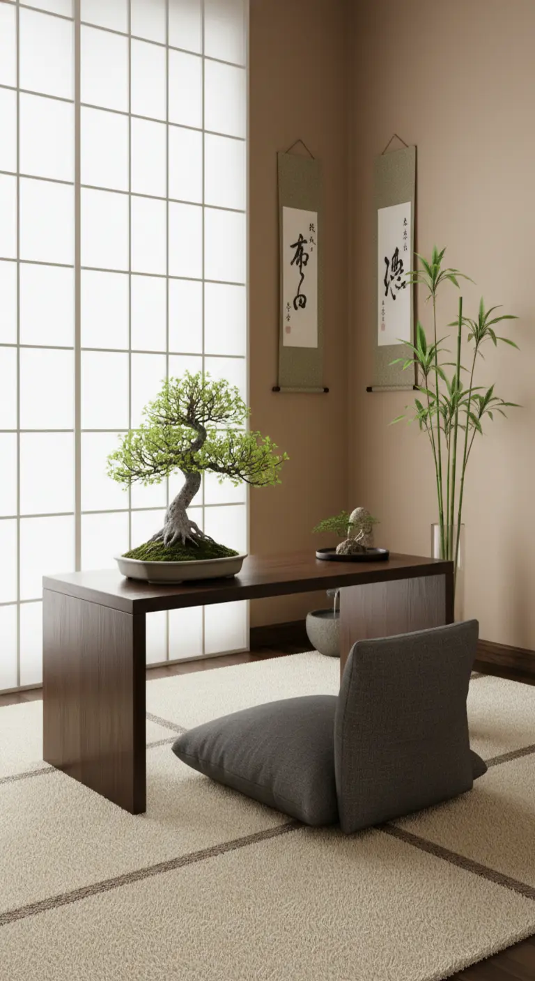 Tavolo basso in stile giapponese con bonsai, cuscino da terra e pannelli shoji sullo sfondo.
