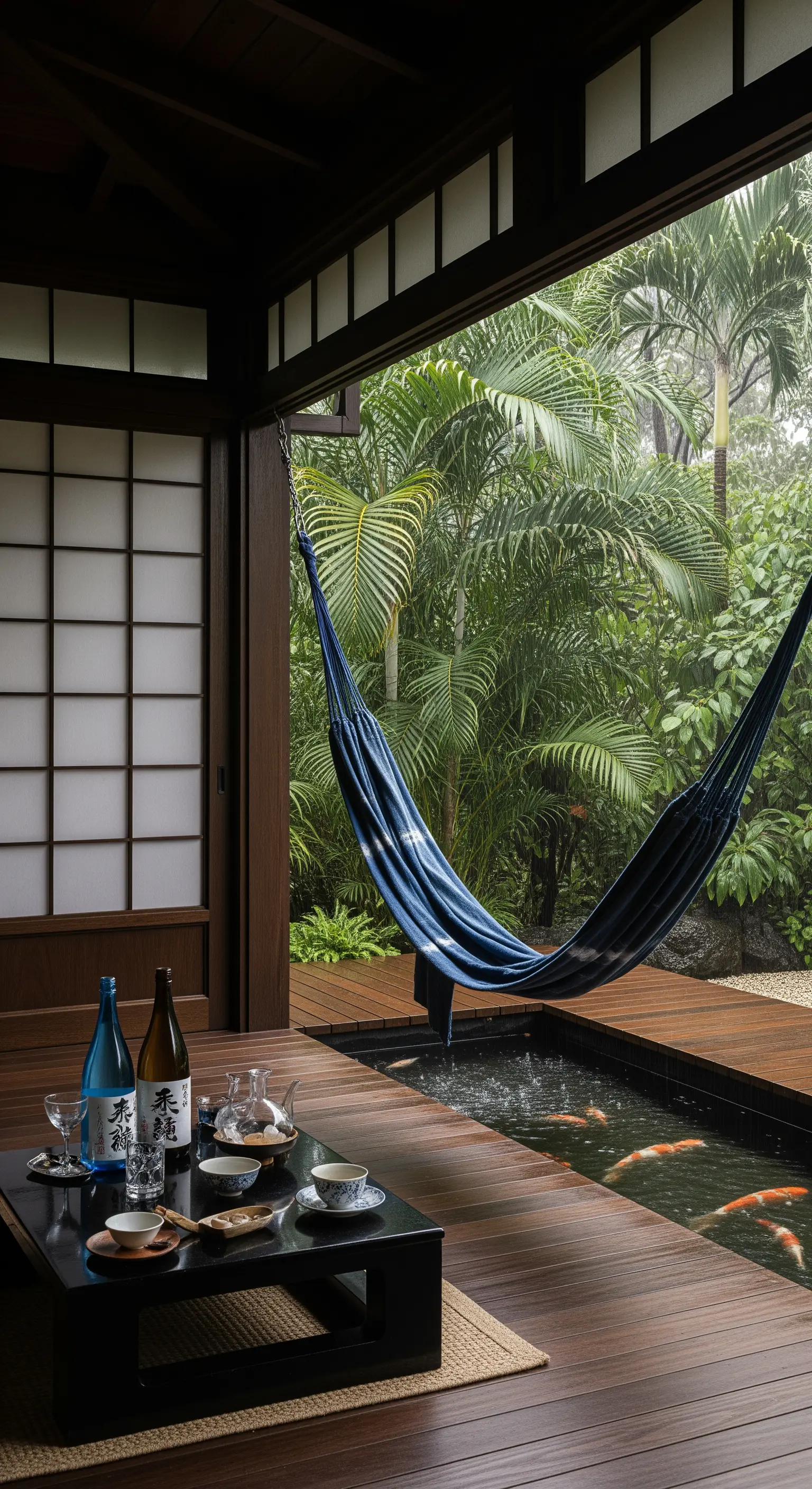 Portico in stile giapponese con laghetto per carpe koi, amaca blu e tavolo basso per il sakè