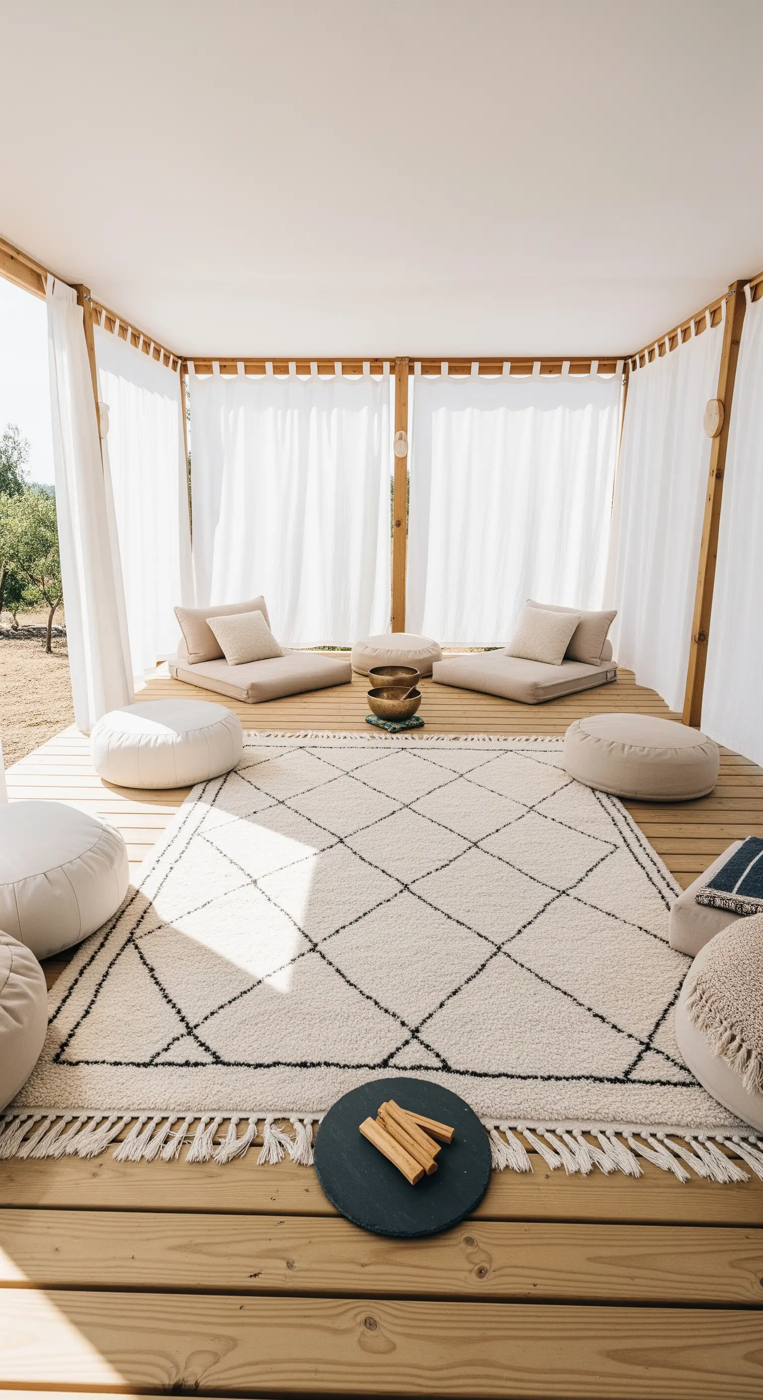 Gazebo in legno con tende bianche, cuscini bassi e tappeto berbero per meditazione.