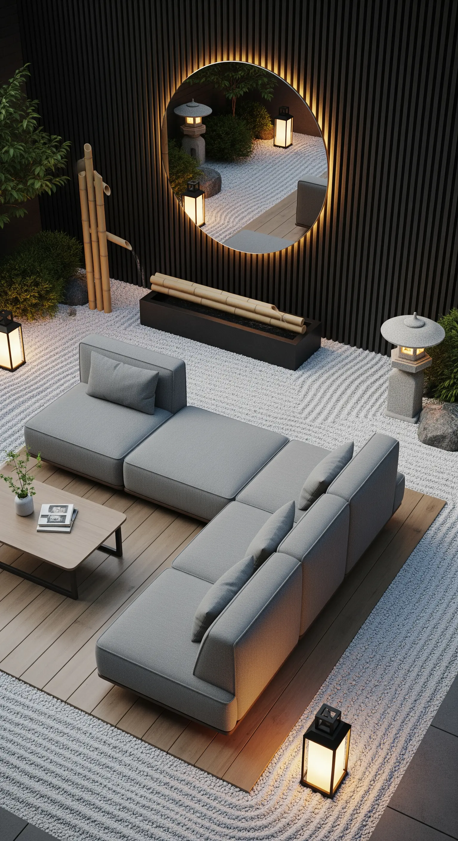 Giardino zen con divano grigio, sabbia rastrellata e specchio rotondo retroilluminato.