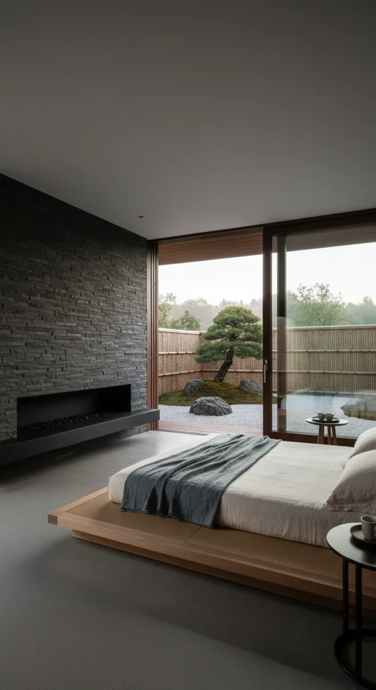 Camera da letto minimalista con parete in ardesia, letto basso e vista su un giardino giapponese.