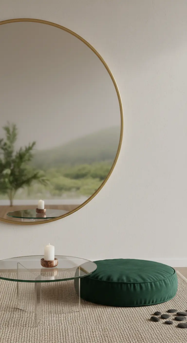 Grande specchio rotondo appeso in basso, con tavolino in vetro e cuscino da pavimento.