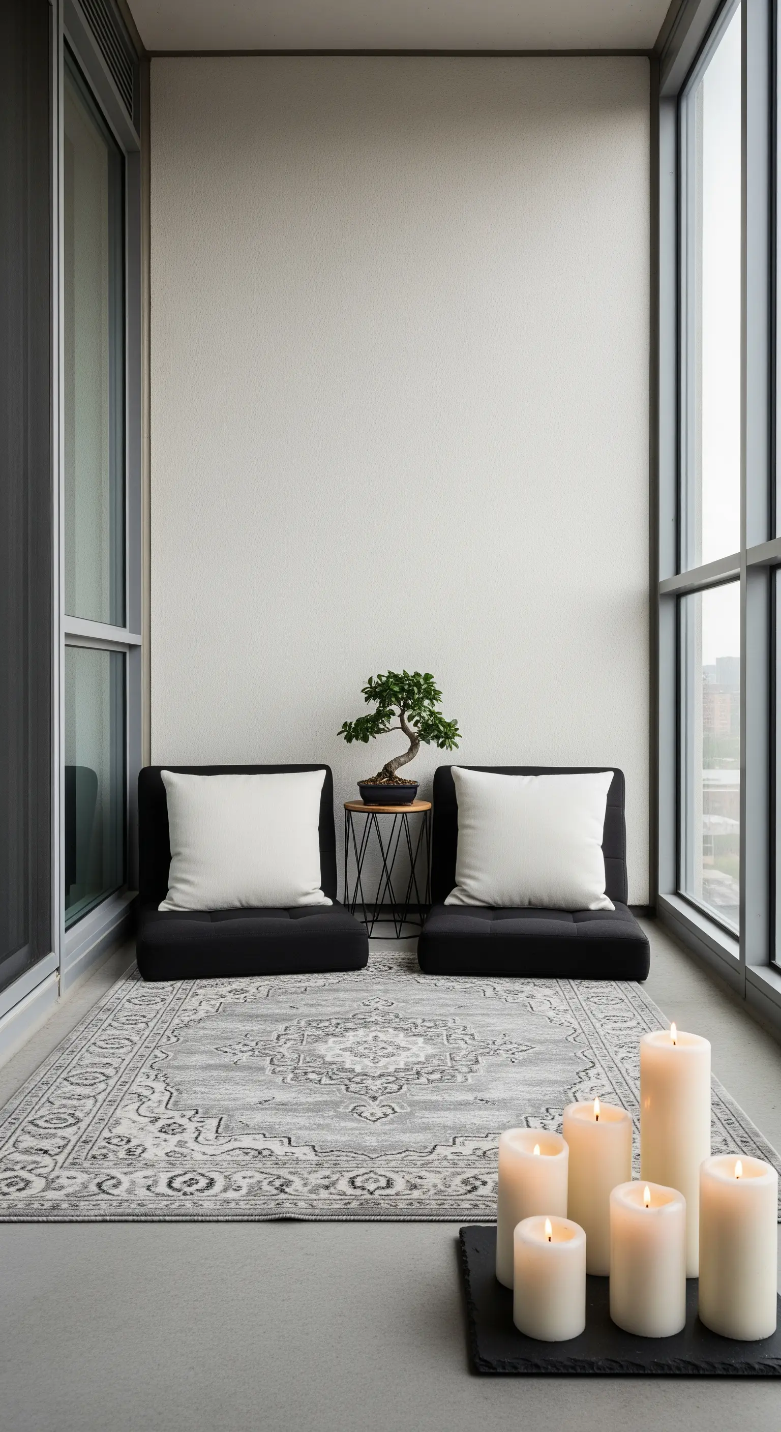 Balcone minimalista con sedute nere a terra, tappeto grigio e candele bianche su ardesia.