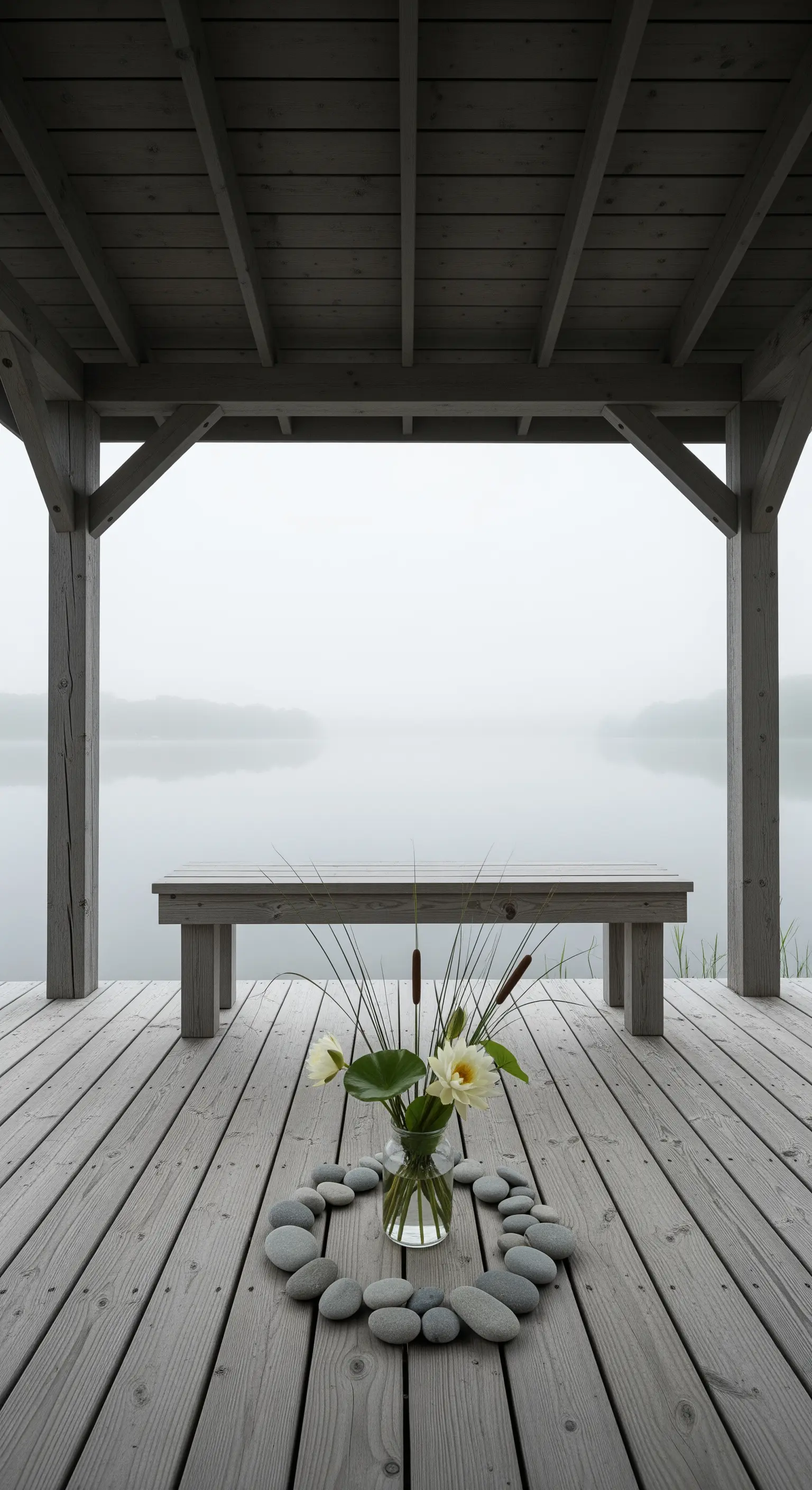 Portico su una palafitta affacciato su un lago nebbioso, con un cerchio di sassi a terra.