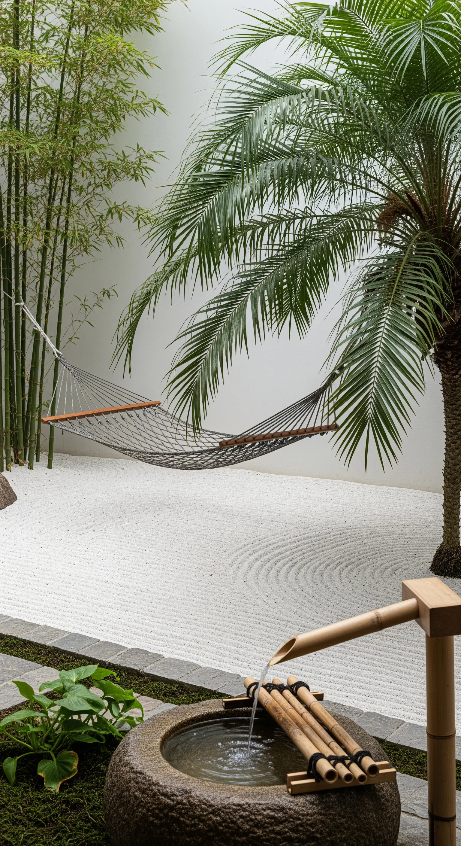 Giardino zen con sabbia bianca, palma, amaca e fontanella in bambù.