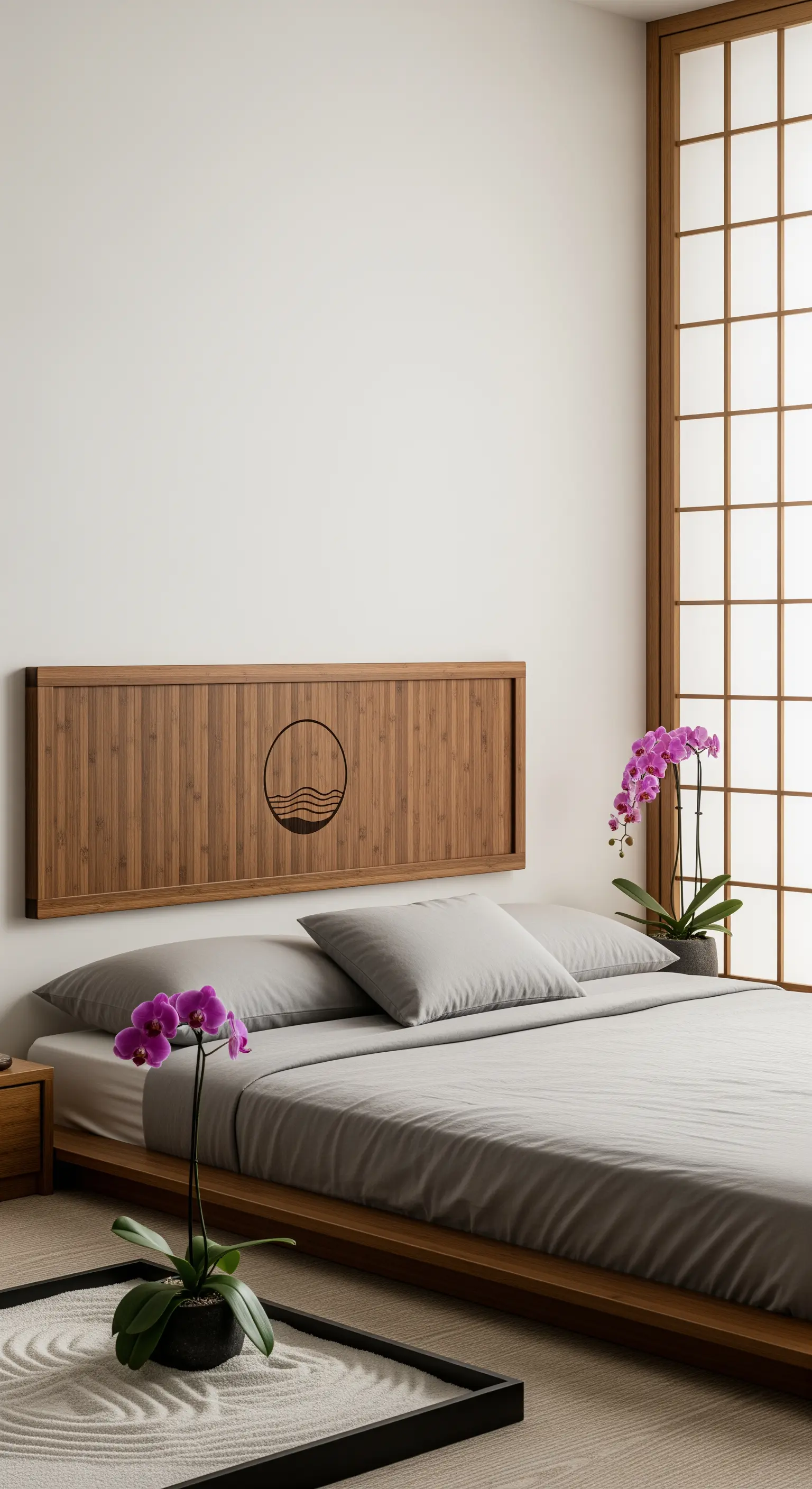 Testiera bassa in bambù con una piccola incisione circolare in una camera da letto zen.