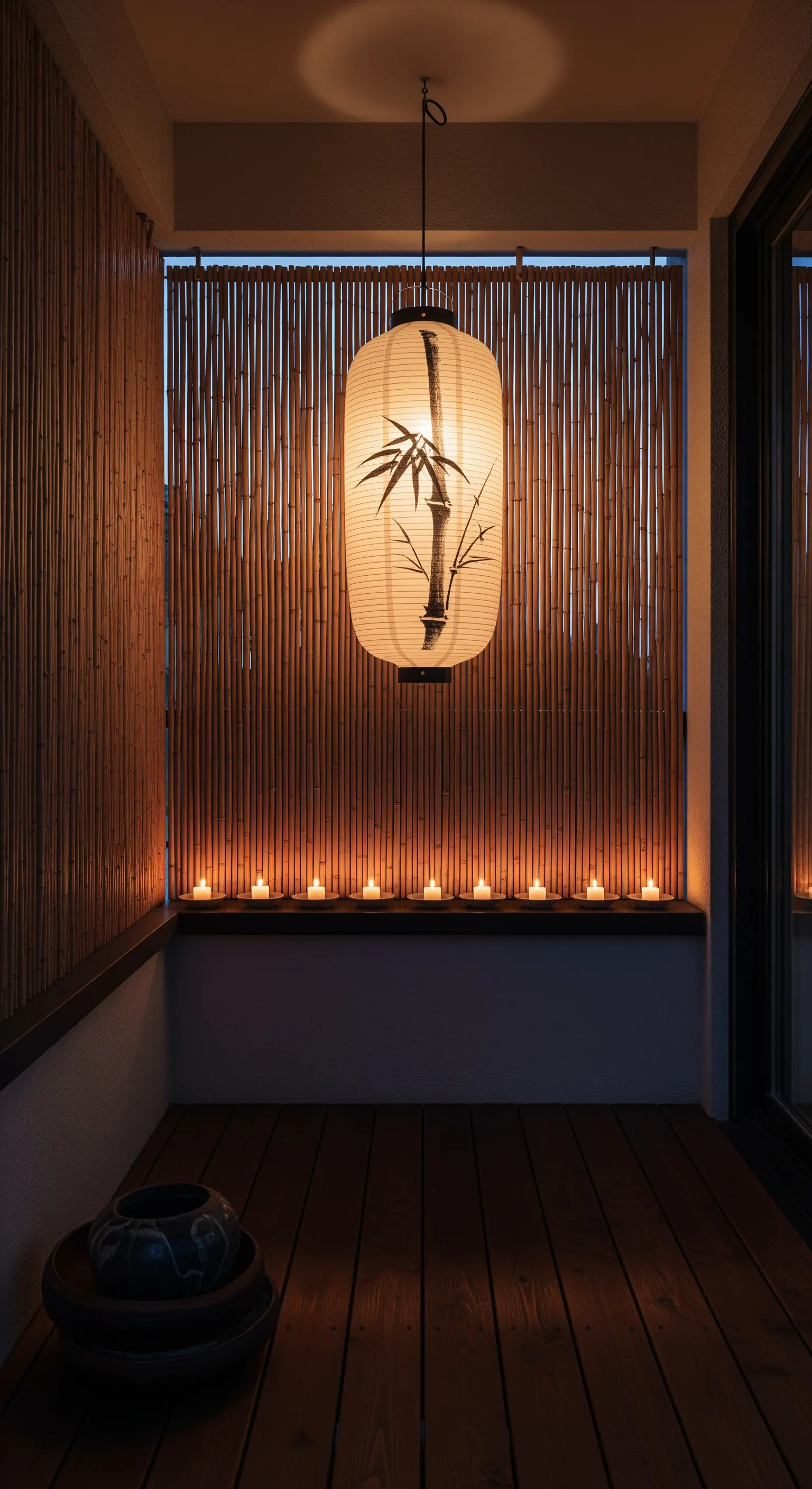 Lanterna giapponese sospesa davanti a una parete di bambù, con una fila di candeline accese in basso