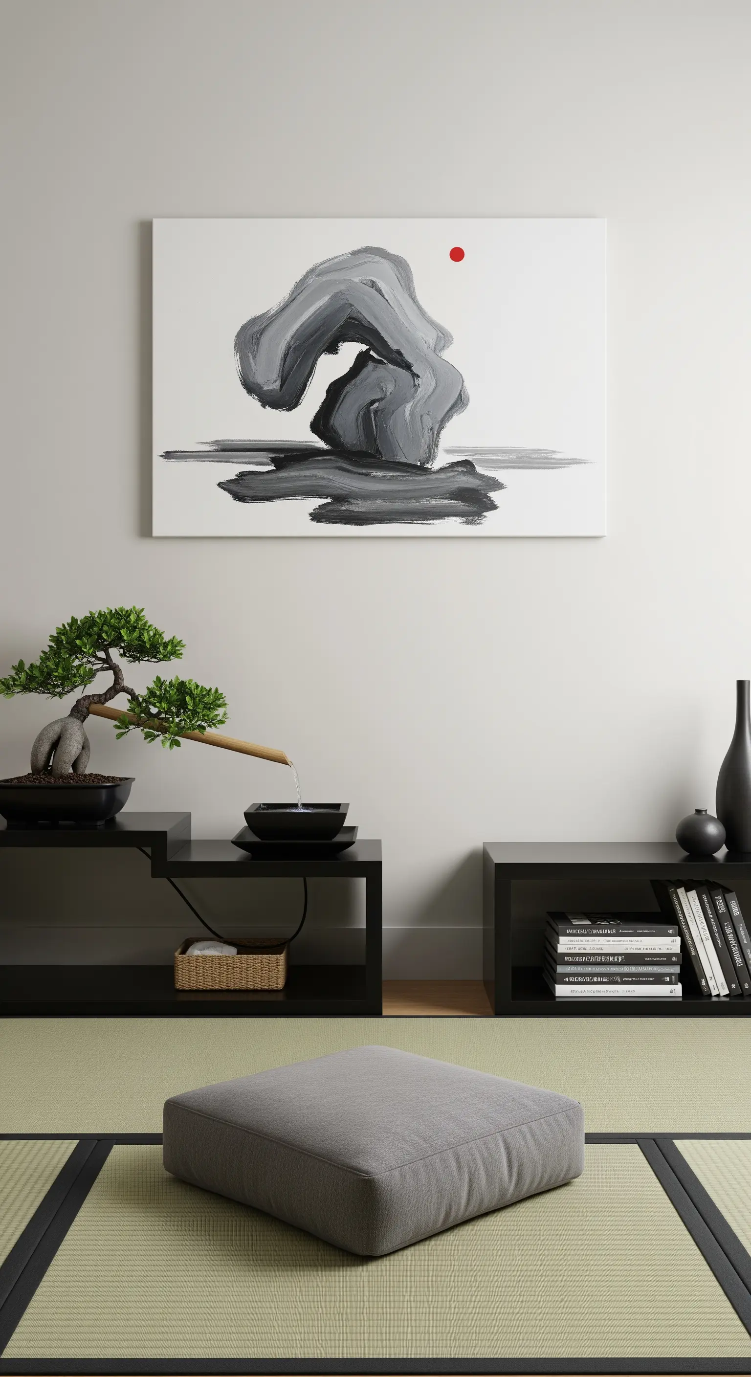 Angolo zen con mobili neri bassi, tatami e un quadro in stile calligrafia giapponese.