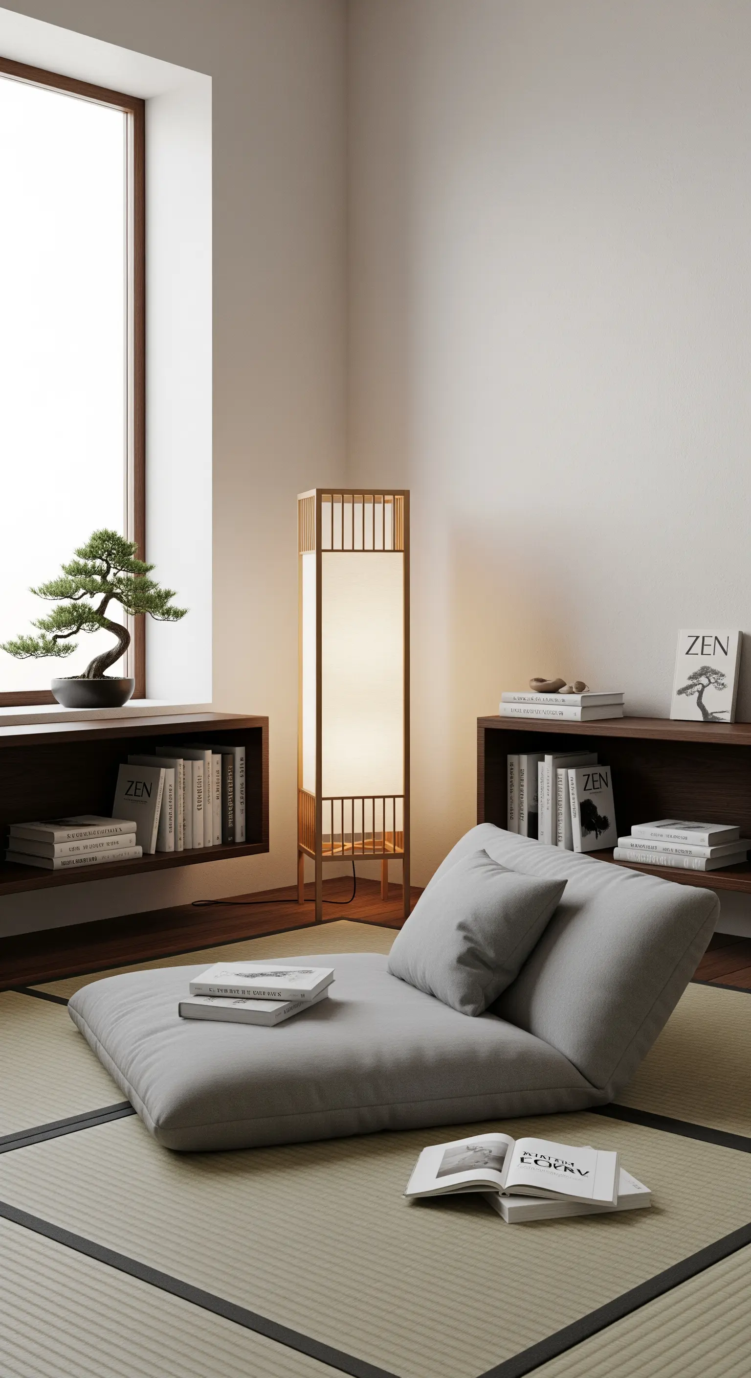 Angolo lettura zen con cuscino da terra, tatami e lampada in stile giapponese.