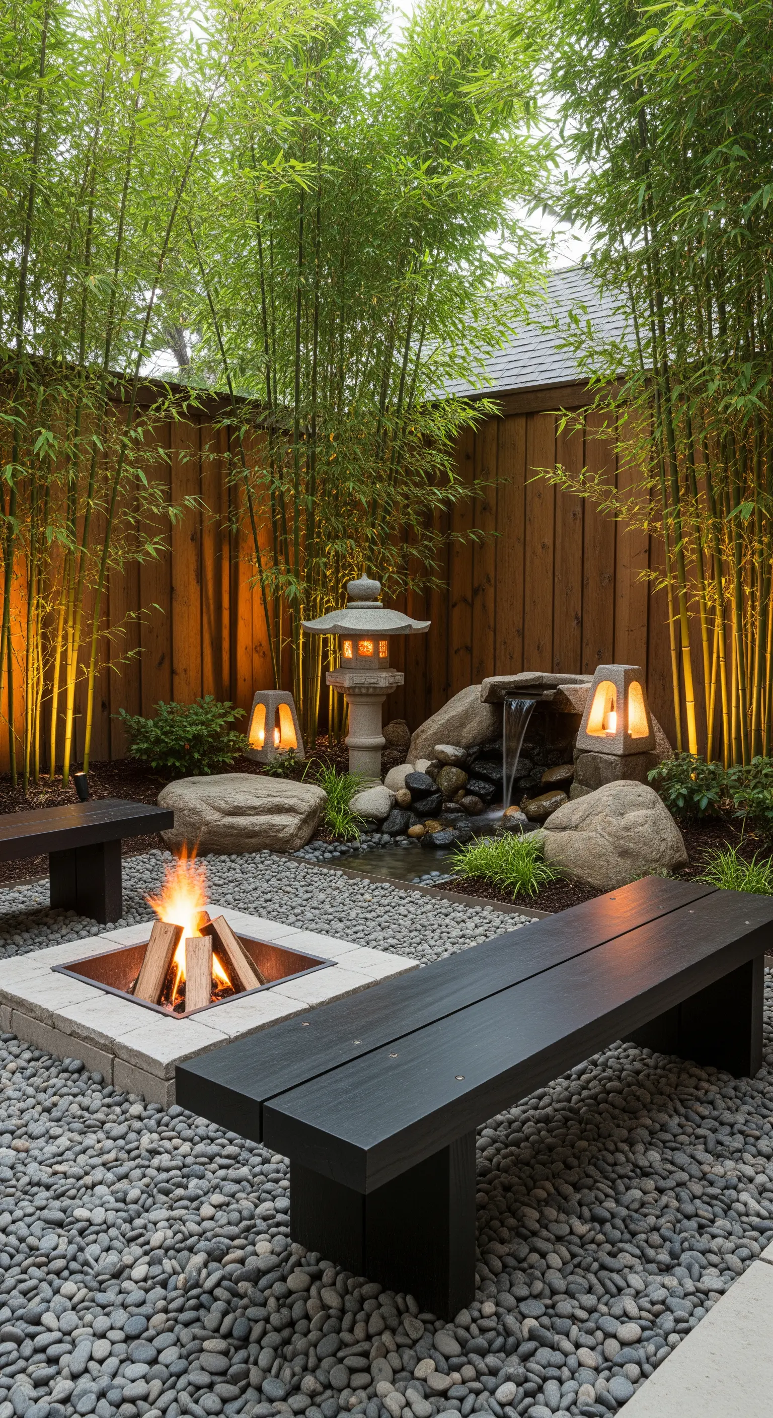 Giardino zen con braciere incassato, panche scure, bambù illuminato e una piccola cascata.