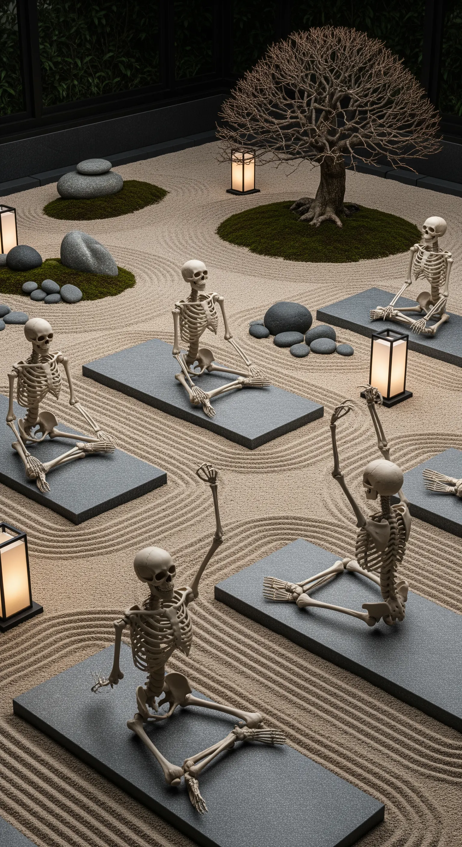 Scheletri in posa yoga meditano in un giardino zen minimalista con lanterne e sabbia rastrellata.